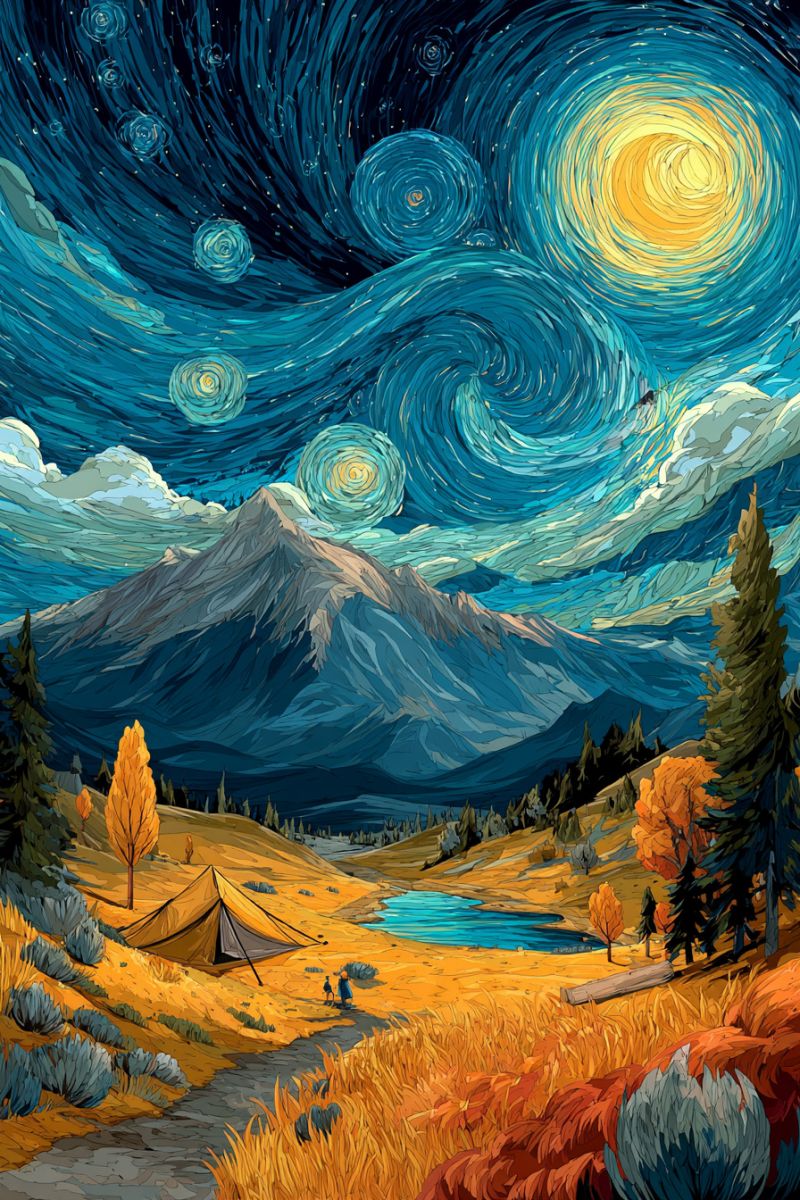 Mountains lake trees camping tent stars clouds painting nature outdoors campfire adventure exploration wilderness scenery vista night sky The painting depicts a serene night landscape with a tent set up in a grassy field. The sky is filled with swirling, vibrant blue and yellow patterns, reminiscent of a starry night. A bright yellow moon is prominently displayed, surrounded by swirling clouds. In the foreground, a small lake reflects the sky's colors, and a person is standing near the tent. The mountains in the background are silhouetted against the night sky, and the trees are a mix of green and yellow, indicating autumn. The overall scene is peaceful and picturesque, with a touch of whimsy in the sky's design.