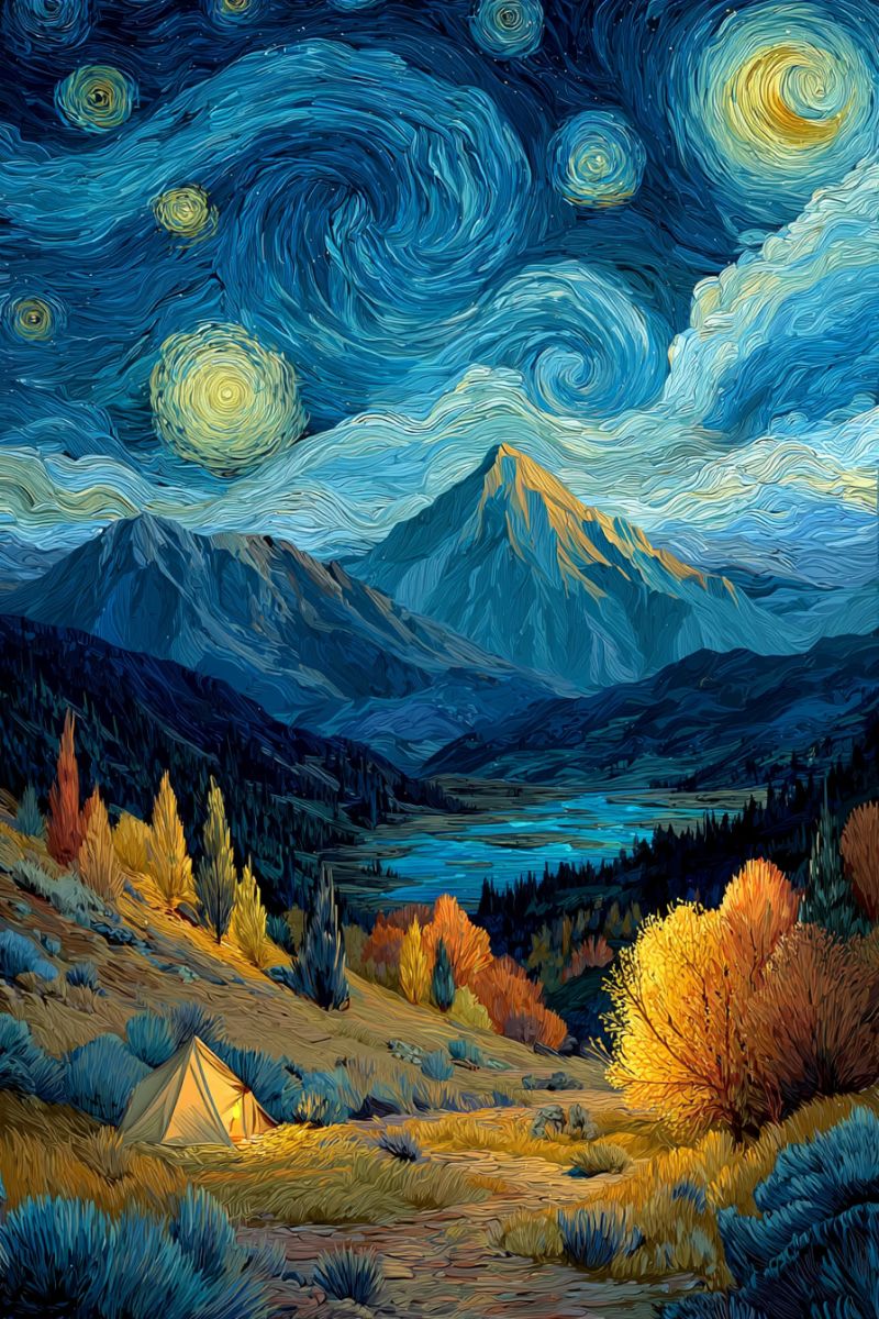 Montagnes lac etoiles camping tente arbres herbe collines nature air feu camp reflexion nuages coups pinceau impressionnisme nuit ciel La peinture représente un paysage nocturne serein avec une tente dressée dans un champ herbeux. Le ciel est rempli de nuages tourbillonnants, bleus et jaunes vibrants, rappelant le style de Van Gogh. Des étoiles et des lunes sont dispersées dans le ciel, brillant intensément. En arrière-plan, il y a des montagnes majestueuses avec une touche de lumière dorée sur leurs sommets. Un lac calme reflète le ciel nocturne, et la zone environnante est parsemée d'arbres et d'arbustes aux couleurs automnales d'orange et de jaune. Le premier plan montre une petite tente avec une lumière à l'intérieur, suggérant une scène de camping paisible sous la nuit étoilée.