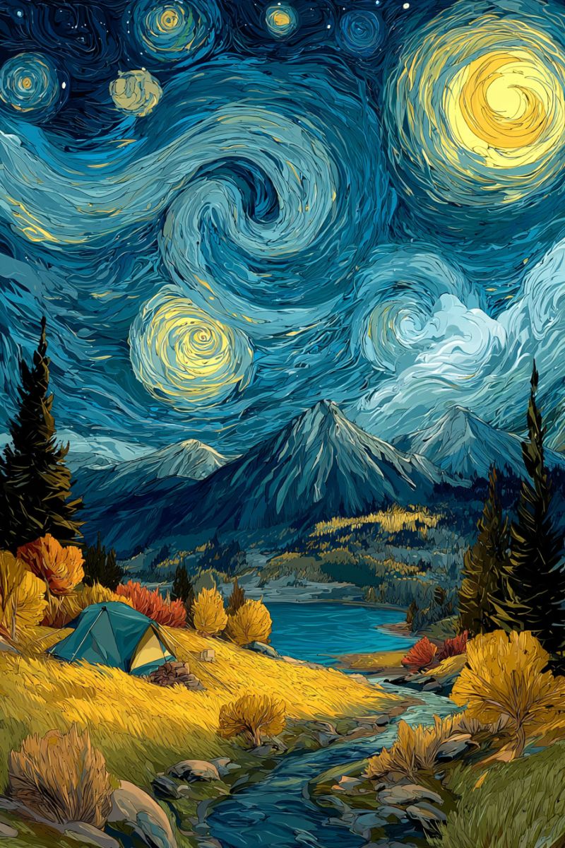 Camping mountains lake trees tent stars clouds painting nature outdoors adventure campfire reflection water sky hills rocks night The painting depicts a serene night scene with a tent set up in a grassy field near a tranquil lake. The sky is filled with swirling, vibrant blue and yellow patterns, reminiscent of Van Gogh's 
