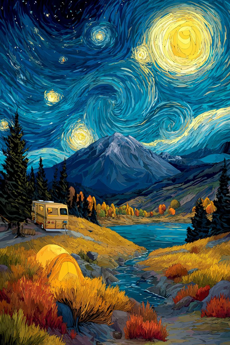 Camping mountains lake trees tent stars painting nature campfire reflection water autumn forest hills sky clouds night serene night scene with a camper van parked near a river. The sky is a deep blue, adorned with swirling patterns of stars and a prominent yellow sun-like object. The camper van is beige and has a window on the side. A yellow tent is set up on the grassy ground beside the river. The river flows gently, reflecting the night sky. The foreground is filled with tall, dry grass and small bushes. In the background, there are trees and a mountain range under a starry sky.