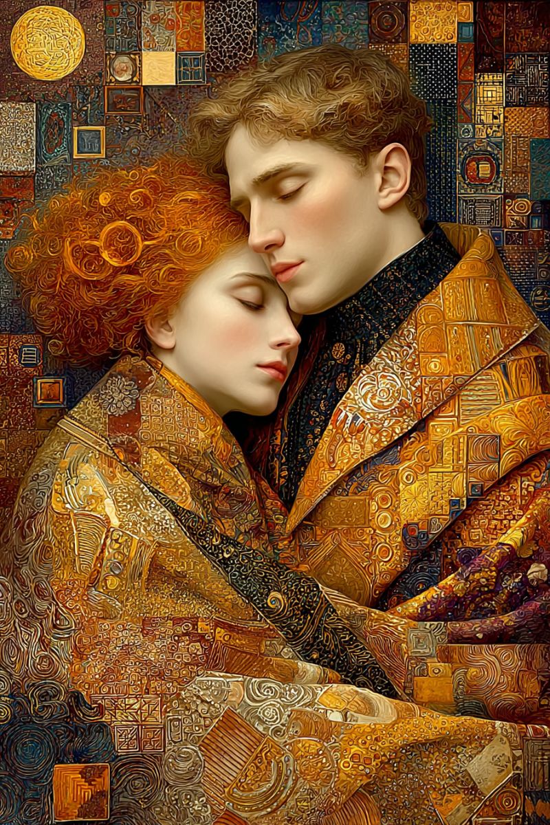 Couple amour romance etreinte sommeil reve fantaisie imagination emotion expression beaute elegance texture Une peinture représente un couple s'embrassant. L'homme a des cheveux bruns courts et ondulés et porte un manteau sombre à motifs avec des accents dorés. La femme a des cheveux roux bouclés et enflammés et est vêtue d'un manteau doré à motifs complexes. Tous deux portent du maquillage, et leurs yeux sont fermés, suggérant un moment d'intimité et de repos. Le fond est un mosaïque de diverses formes géométriques et motifs dans des teintes d'or, bleu et rouge, créant un arrière-plan riche et texturé.