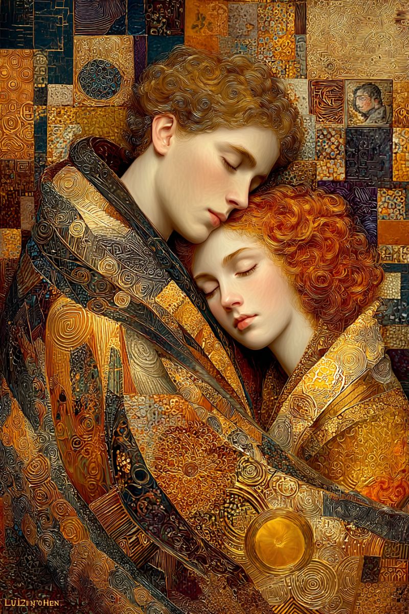 Couple sleeping embrace painting A painting depicts a couple sleeping, their faces close together. The man has curly brown hair and is wearing a robe with intricate patterns in gold, brown, and black. The woman has curly red hair and is dressed in a similar robe. Their eyes are closed, and they are surrounded by a mosaic-like background with various geometric shapes and colors, including blue, gold, and brown. The overall mood is serene and intimate.