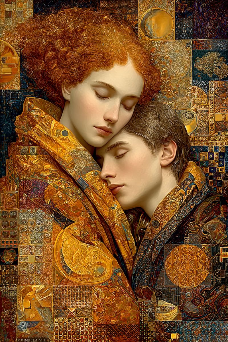 Painting couple sleeping embrace head neck sleep A painting depicts a young man and woman embracing each other. The woman has curly red hair and is wearing a golden robe adorned with intricate patterns. The man has short brown hair and is dressed in a blue and gold robe. Both are asleep, their eyes closed, and their heads gently touching. The background is a mosaic of various geometric shapes and patterns in gold, blue, and black. The overall mood is serene and intimate.