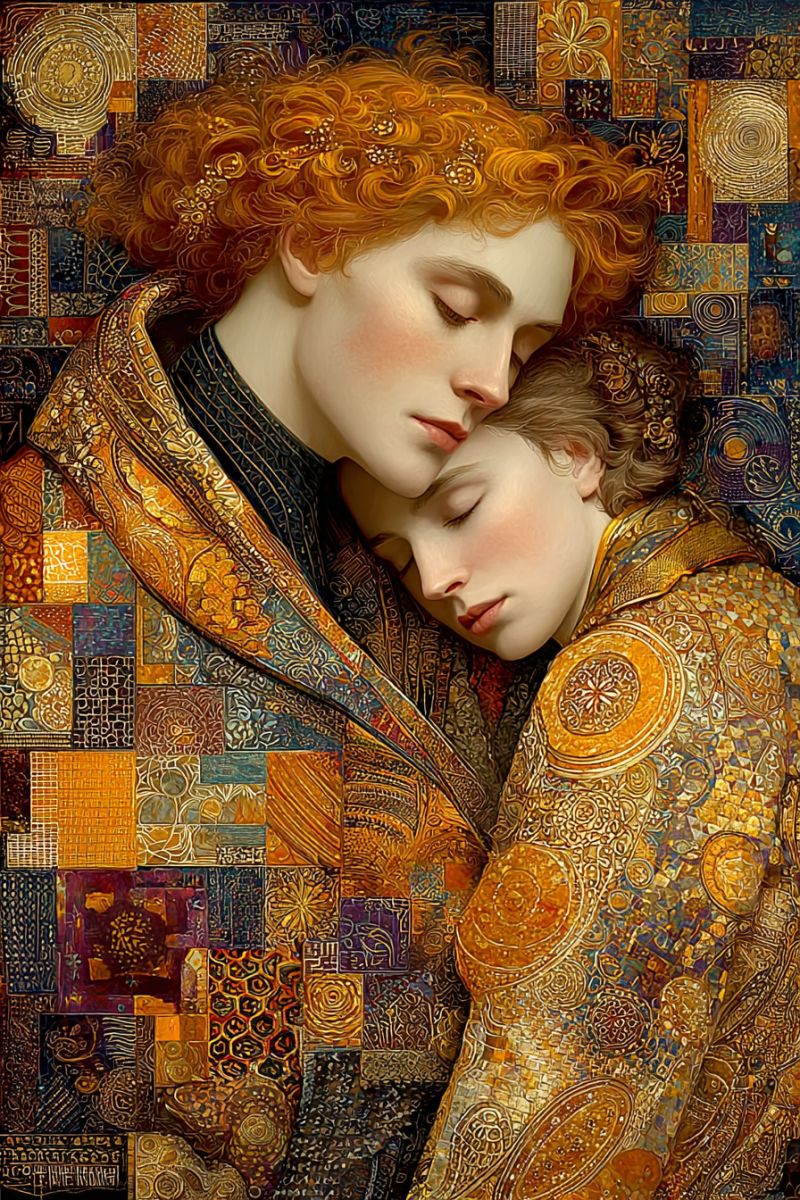 Fantaisie sommeil reve amour couple etreinte dormant yeux texture Deux individus, une femme et un jeune garçon, s'embrassant dans une pose tendre et endormie. La femme, avec ses cheveux coiffés en boucles lâches, repose sa tête sur l'épaule du garçon. Tous deux sont vêtus de vêtements richement texturés ornés de motifs complexes, incluant des teintes d'or et de bleu. Le fond est un mosaïque de diverses formes géométriques et designs, principalement dans des nuances d'or, de bleu et de rouge, créant un arrière-plan visuellement complexe et orné. L'ambiance générale de l'image est sereine et intime, mettant l'accent sur la chaleur et la proximité entre les deux personnages.