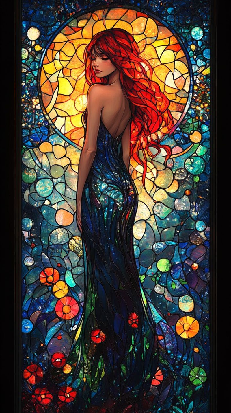 Stained glassss female length hair red wine drinking fantasy glass vintage gothic colored woman stained glass window featuring an artistic representation of a woman with long red hair. She is wearing a flowing dress and her posture suggests movement, as if she is walking or dancing. Her head is turned to the side, and she appears to be gazing into the distance. The background is filled with various colored glass pieces arranged in such a way that they create a mosaic of vibrant colors. The light filtering through the stained glass creates a soft glow on the surface below, hinting at an underlying pattern or design. At the bottom right corner of the image, there is a watermark with a digital rendering effect, indicating it may be an edited photograph rather than a direct photograph of the original artwork.