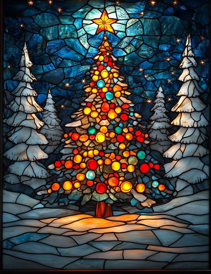 Christmas stained glassss window tree glass tiffany lit decorated evening winter night vibrant and colorful scene of a person rowing a boat under a full moon. The setting is serene, with the night sky filled with stars above. The moon is large and bright in the background, casting a soft glow on the scene below. The boat has intricate designs resembling mosaics or stained glass, giving it a unique and artistic appearance. There are small lights that illuminate the water around the boat, adding to the magical ambiance of the image. On the right side of the image, there is a crescent moon in the sky with more stars surrounding it. The color palette includes blues, greens, yellows, and whites, creating a lively and dreamy atmosphere.