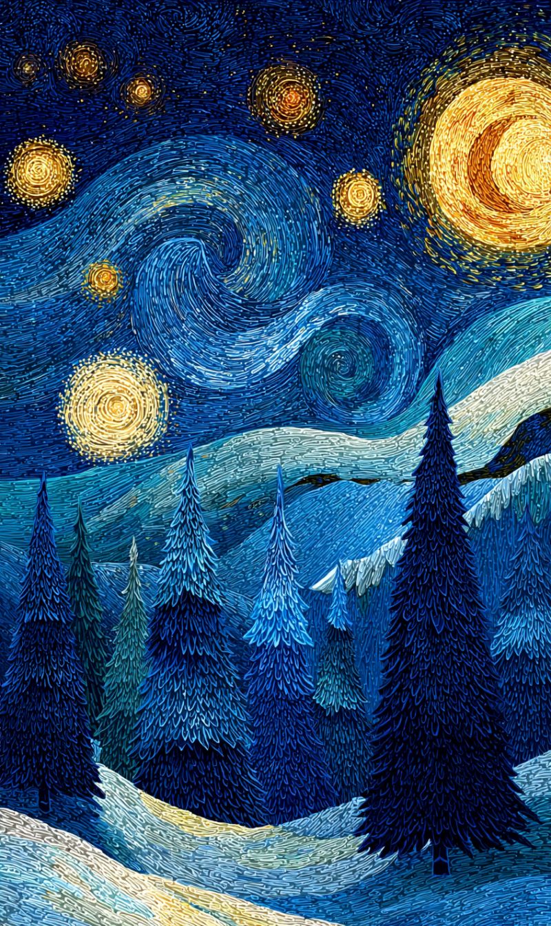 Nuit ciel etoiles lune neige arbres foret impressionnisme hiver froid obscurite bleu jaune van gogh etoilee Scène sereine d'une nuit d'hiver avec un ciel bleu foncé rempli de motifs tourbillonnants d'étoiles et d'un croissant de lune. Le ciel est orné de plusieurs étoiles dorées, chacune irradiant une lumière en un motif circulaire. Le premier plan présente une forêt dense d'arbres à feuilles persistantes, leurs branches couvertes de neige, créant une apparence texturée et complexe. Les arbres sont peints dans des nuances de bleu et de vert, contrastant avec la neige blanche au sol. Le sol est recouvert d'une épaisse couche de neige, et la scène globale est éclairée par la douce lueur des étoiles et de la lune, projetant une lumière douce sur le paysage.