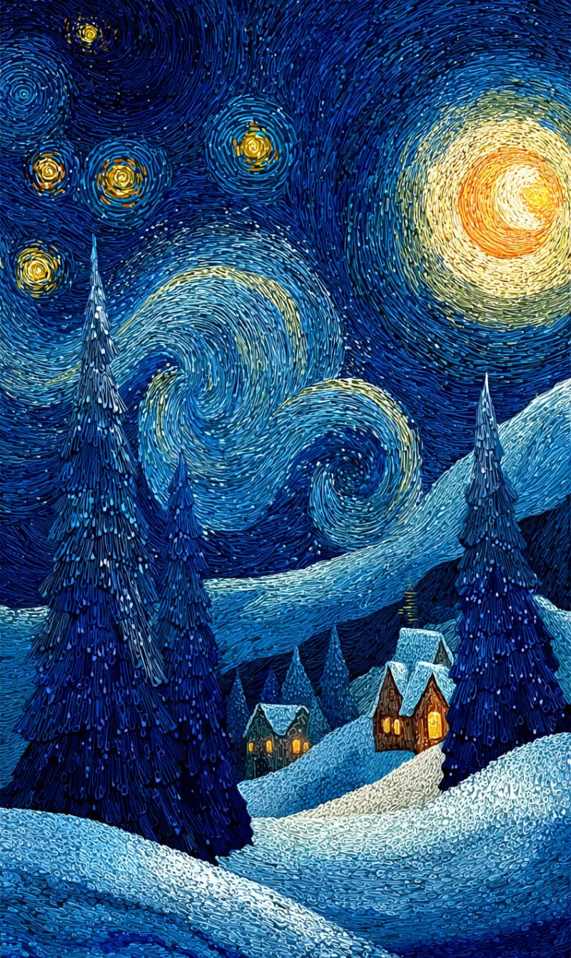 Nuit ciel etoiles neige arbres maison hiver impressionnisme enneige chalet lueur chaleur froid gele serein van gogh La peinture représente une scène sereine de nuit d'hiver. Au premier plan, il y a deux grands arbres à feuilles persistantes, leurs branches ornées de neige. Les arbres sont peints avec une technique de coups de pinceau texturés, leur donnant une apparence tridimensionnelle. À droite des arbres, il y a une maison en bois confortable avec des lumières jaunes chaleureuses émanant de ses fenêtres, suggérant qu'elle est habitée et accueillante. En arrière-plan, une autre maison est nichée parmi d'autres arbres à feuilles persistantes, également éclairée par des lumières jaunes douces. Le ciel est d'un bleu profond et tourbillonnant, avec des étoiles et une grande lune radieuse peinte dans un style tourbillonnant, presque abstrait. La lune est entourée d'un halo de jaune et de blanc, ajoutant à l'atmosphère magique de la nuit. Toute la scène est recouverte de neige, renforçant la sensation hivernale.