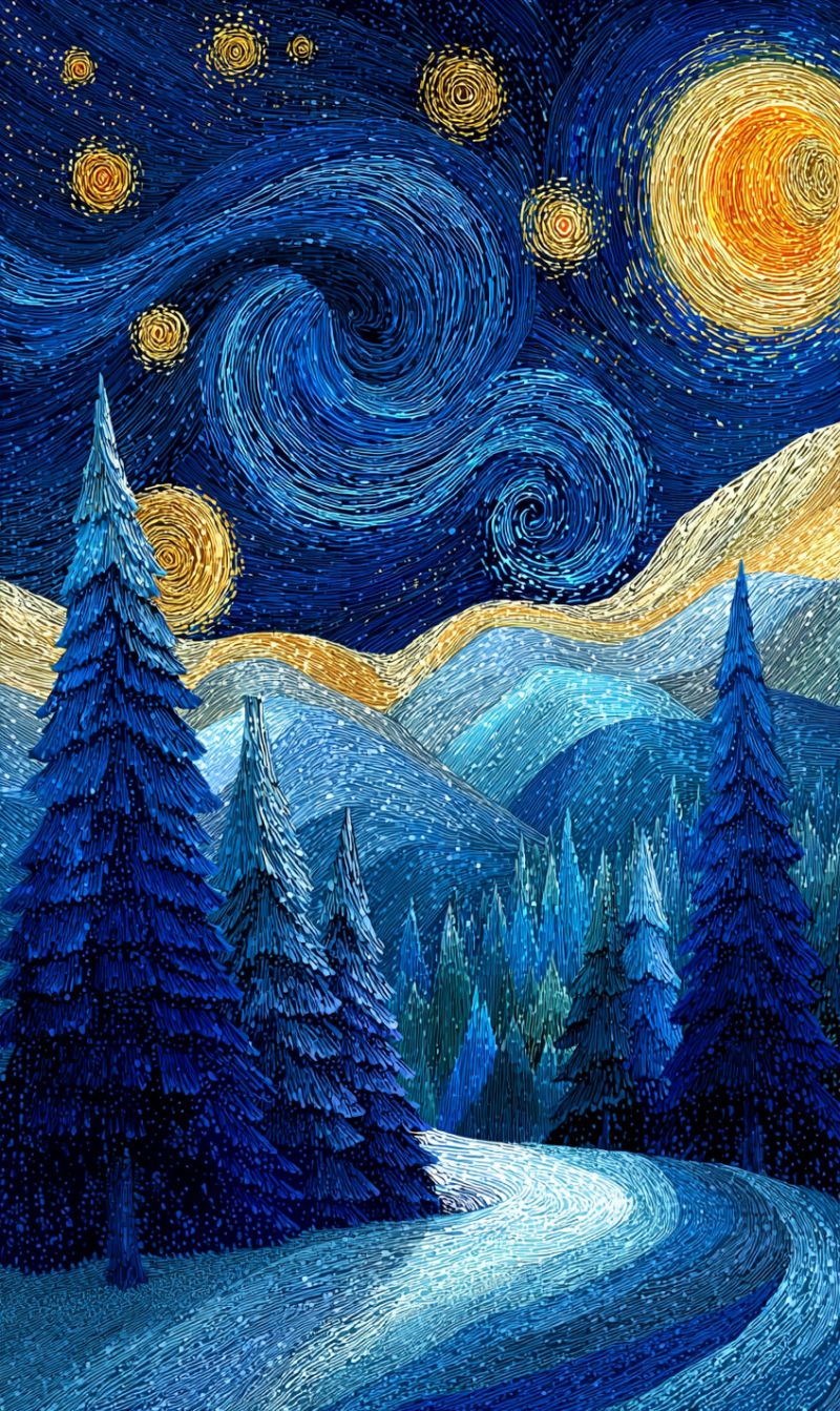 Night sky stars moon trees mountains snow road painting winter nighttime dark blue yellow orange spiral glow glowing serene winter landscape under a star-filled night sky. The sky is a deep blue, adorned with swirling patterns of yellow and orange, reminiscent of a starry night. The stars are depicted in circular, swirling forms, adding a dynamic and almost magical quality to the scene. The moon, large and bright, is positioned towards the right side of the sky, casting a gentle glow over the landscape. In the foreground, a winding road cuts through a dense forest of evergreen trees, their branches heavy with snow. The trees are depicted with intricate, textured strokes, giving them a three-dimensional appearance. The ground is covered in a blanket of snow, reflecting the light from the moon and stars. The overall atmosphere is tranquil and enchanting, capturing the beauty of a winter night.