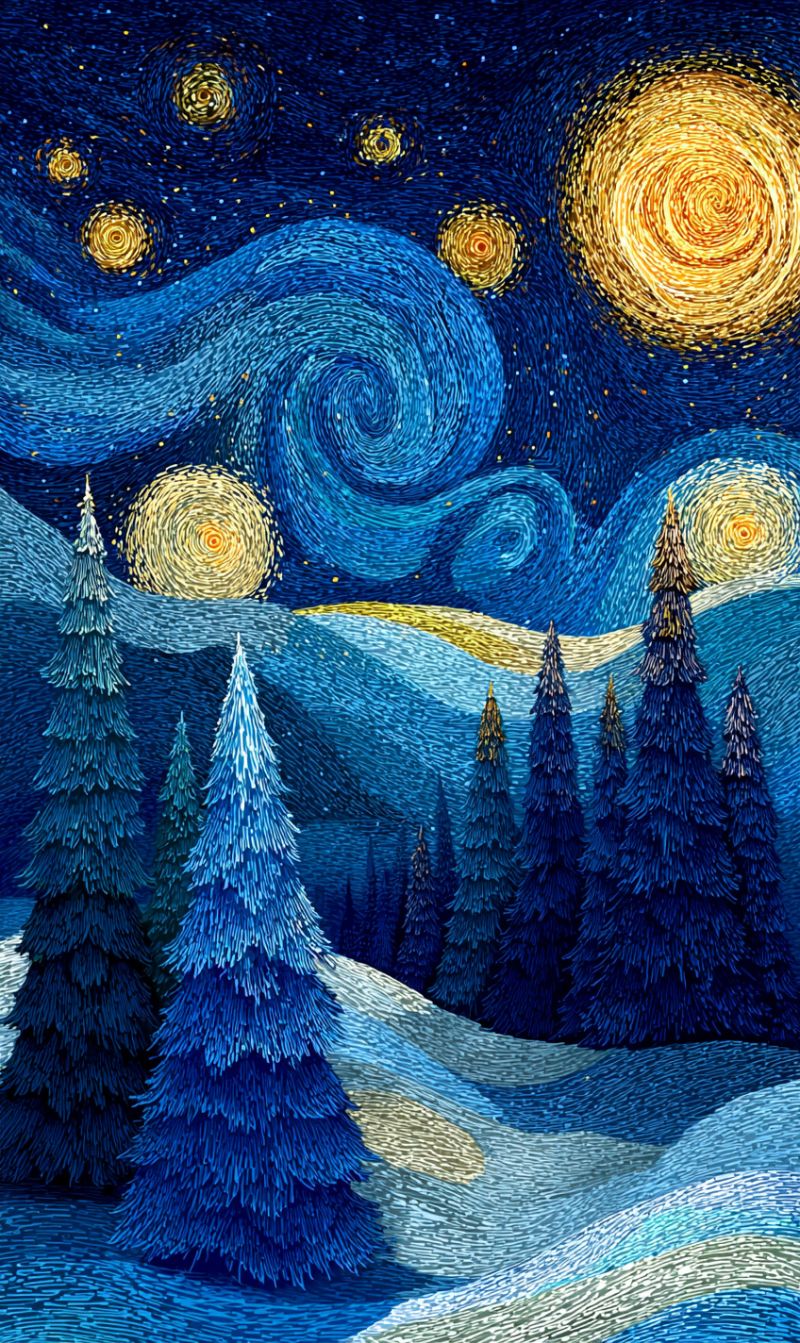 Nuit ciel etoiles arbres neige montagnes hiver enneige froid gele glace frisquet blizzard tempete Scène de nuit d'hiver avec un ciel bleu profond rempli de motifs tourbillonnants d'étoiles et de corps célestes. Le ciel est orné de plusieurs grandes étoiles jaune-doré, chacune rayonnant vers l'extérieur en un motif en spirale, créant un effet fascinant. Le premier plan est dominé par une forêt dense d'arbres à feuilles persistantes, leurs branches finement détaillées et texturées pour donner un sentiment de profondeur et de réalisme. Les arbres sont principalement bleus, contrastant fortement avec les étoiles dorées au-dessus. Le sol est recouvert d'une couche de neige, qui réfléchit la lumière des étoiles, ajoutant une touche d'éclat à la scène. L'atmosphère générale est sereine et magique, évoquant un sentiment d'émerveillement et de tranquillité.