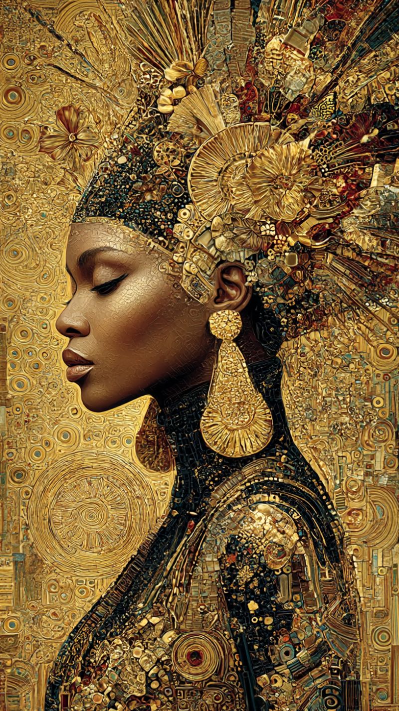 Femme bijoux boucles oreilles couronne diademe accessoires coiffure parure ornement decoration Femme les yeux fermés, son visage orné de bijoux dorés complexes. Elle porte un diadème richement décoré de plumes et d'éléments dorés, créant une apparence royale et majestueuse. Sa peau est représentée dans une teinte dorée, se fondant harmonieusement avec le fond, qui est un mosaïque de motifs dorés et noirs. La tenue de la femme est un mélange de noir et d'or, avec un col haut et un design qui ressemble à une mosaïque de petites tuiles colorées. L'effet global est celui d'opulence et de grandeur, avec l'expression sereine de la femme ajoutant à l'ambiance contemplative de l'image.