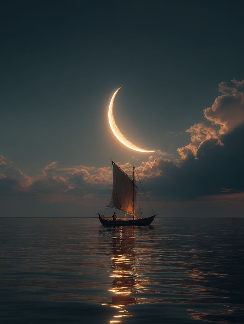Boat sailing sail water ocean sea moon night sky clouds reflection travel adventure exploration nature outdoors horizon A small sailboat is sailing on a calm sea under a crescent moon. The moon is positioned high in the sky, casting a soft glow on the water and the boat. The boat has a single mast with a triangular sail. A person is standing at the front of the boat, possibly steering. The water reflects the light from the moon, creating a serene and peaceful atmosphere. The sky is dark, with a few clouds scattered around the moon.