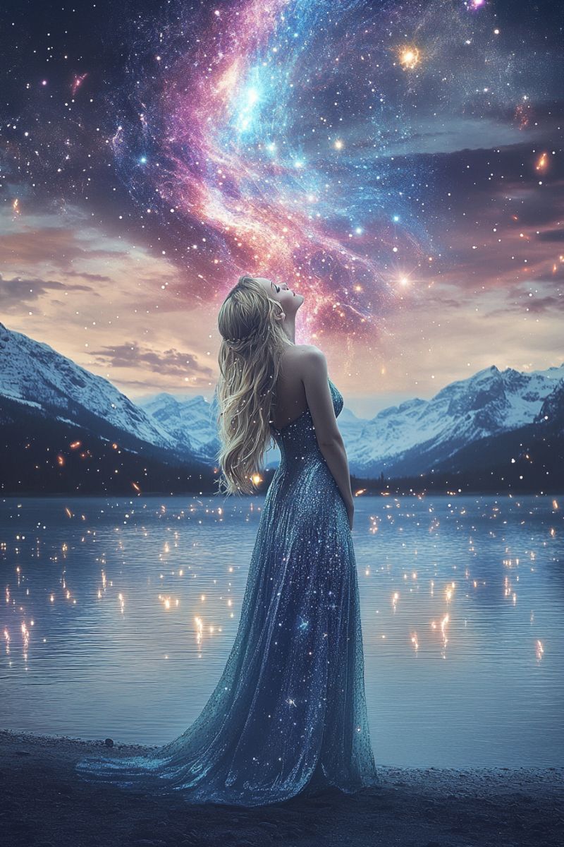 Cosmic nebula fantasy starlit sky astrophotography inspiration woman hair glittering mystical night aurora boreali serene woman standing near the water with her back to the viewer. She is looking up, with her hair gently blowing in the breeze. Her attire consists of a flowing gown that seems to shimmer and sparkle as if made of water or light itself. She stands on a rocky outcrop by what appears to be a tranquil lake. The background features a vast expanse of the night sky filled with stars, and a large spiral galaxy is prominently visible in the upper left corner. The entire scene has a serene and ethereal quality, enhanced by the soft light that illuminates the environment.