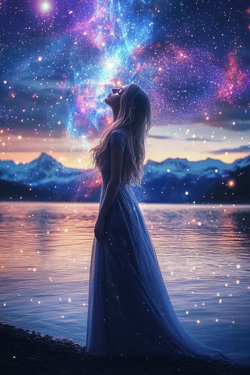 Astronomy astrophotography cosmic nebula stella constellation night sky space girl gazing star contemplation starlight dreamer mystical serene inspira person standing on the edge of a body of water, gazing up at a starry night sky. They appear to be in a moment of contemplation or admiration for the celestial display. The person is dressed in flowing, light-colored garments and their hair is styled into loose waves. The background features the vast expanse of the cosmos with galaxies and nebulae, along with a tranquil lake reflecting the starry sky.