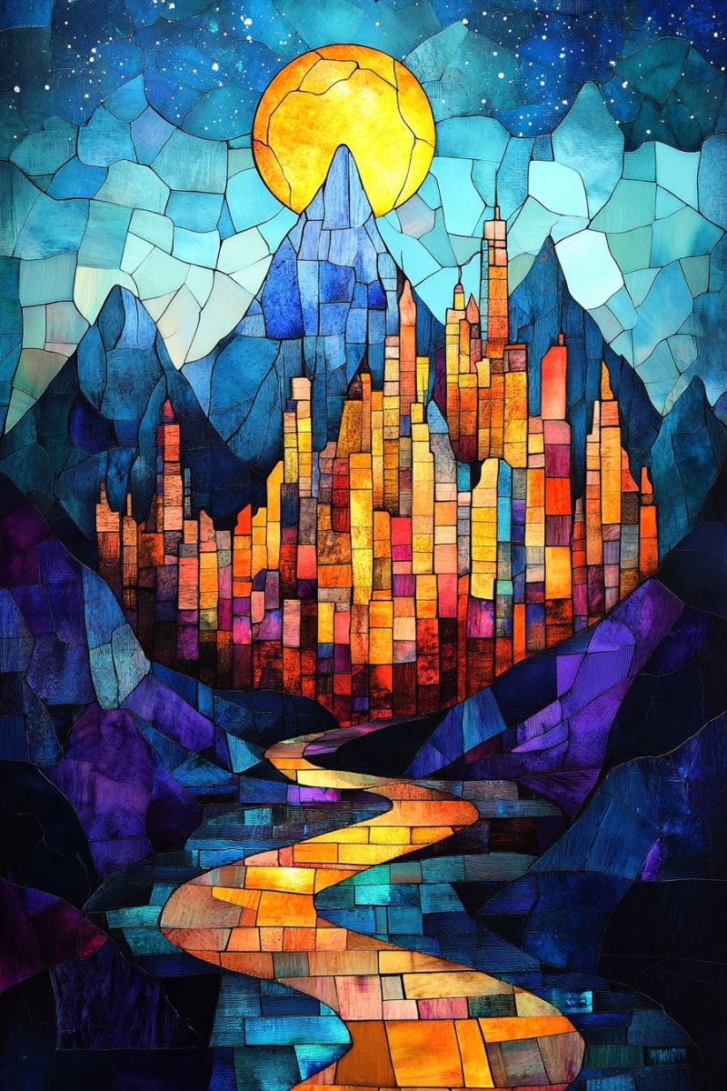 Stained glassss cityscape glass urban fantasy poster colorful modern city medieval vividly colored night window funky stained-glass window with an intricate design. At the center, there is a picturesque landscape scene mountainous area at night or during twilight, given the warm and cool tones in the sky. The moon is prominently displayed near the top right corner of the window, casting a soft glow over the scene. A winding path snakes through the foreground towards the town or village that lies at the base of the mountain range, suggesting a journey or pilgrimage motif. The stained-glass itself is composed of many small pieces of glass in various colors, giving it a vibrant and textured appearance. The color palette includes shades of blue, green, purple, orange, and yellow, which together create the overall mood of the piece. In the bottom right corner, there appears to be an image or emblem that resembles a castle or fortress, adding a historical or fantastical element to the design. The style of the artwork is reminiscent of traditional stained-glass window designs, with a modern twist in its coloration and subject matter. The art piece is likely part of a larger window or mural, as indicated by the tessellated borders that frame the central image. It could be situated in an entranceway to a building, possibly a church or cathedral, given the stained-glass tradition of Christian architecture. The artwork evokes a sense of mystery and enchantment, inviting viewers to imagine the story behind this captivating scene.