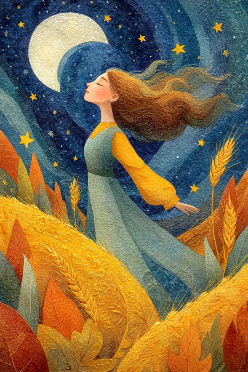 Painting night sky moon stars girl dress wheat field autumn leaves fantasy dream colorful nature beauty In a serene night landscape, a woman stands with her eyes closed, her long hair flowing gracefully in the breeze. She wears a flowing dress in shades of blue and yellow. The sky above is a deep blue, dotted with stars and a large, glowing moon. The ground beneath her is covered in golden wheat and autumn leaves in various shades of orange and red. The overall scene is peaceful and filled with the quiet beauty of a starry night.