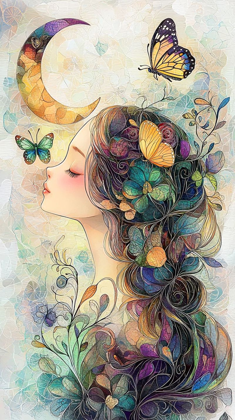 Fantastique feminines naturel papillon lune florale surrealiste oniriques femmes fleurs imagery nocturne celes C'est une oeuvre d'art numérique créée avec des illustrations stylisées d'une personne. La personne a des cheveux longs, avec des couleurs allant de bleu à purple, et semble flotter au-dessus d'un lit de fleurs. Elle regarde vers le ciel en une pose rêvaise ou réfléchie. Le fond est rempli de divers éléments botaniques tels que des feuilles, des fleurs et ce qui semble être des petites plantes ou champignons. Il y a aussi un papillon perché sur les cheveux de la personne. Le palette de couleurs est composée de pourpres, bleus, verts et jaunes, créant une atmosphère vibrante et fantaisiste.