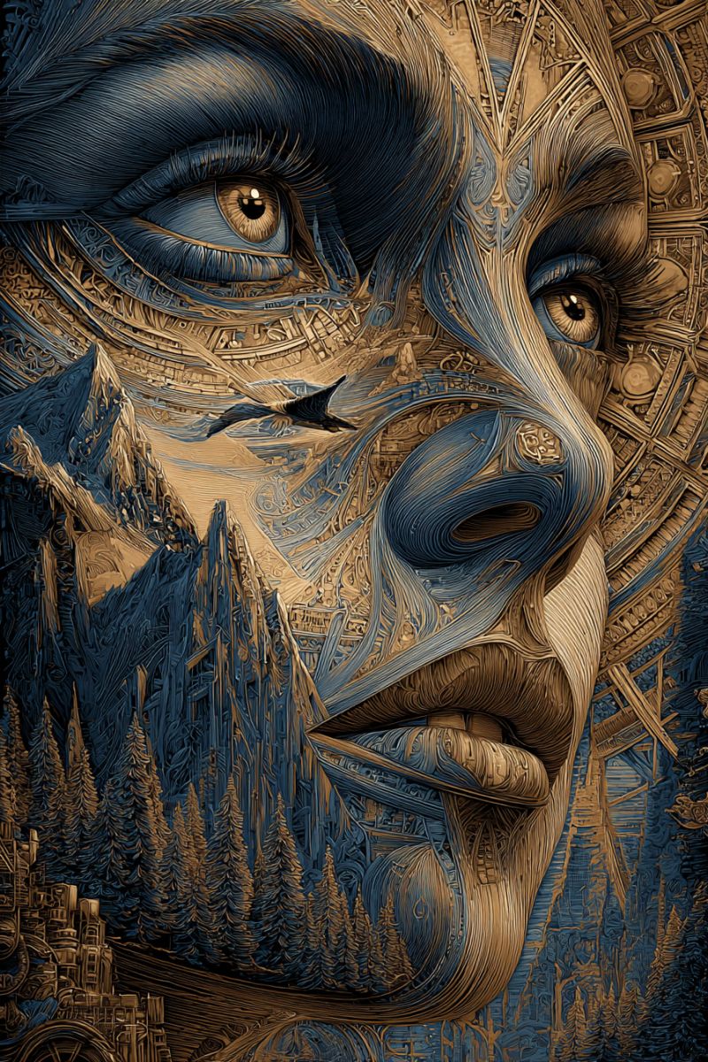 Femme yeux montagnes arbres ciel oiseau geometrique texture ombre Illustration détaillée et complexe d'un visage de femme, mêlant éléments de réalisme et de fantaisie. Le visage est principalement bleu et brun, avec un oeil saisissant qui est grand et expressif, présentant une iris et une pupille détaillées. Le nez et les lèvres sont également conçus avec soin, les lèvres paraissant pleines et légèrement entrouvertes. L'arrière-plan du visage est un mélange de terrain montagneux et de forêt, avec des arbres et une structure ressemblant à un château visibles. Un oiseau vole au-dessus de la tête de la femme, ajoutant un élément dynamique à la scène. Le style global est très détaillé, avec un accent mis sur la texture et la profondeur, créant un sentiment de réalisme et de fantaisie