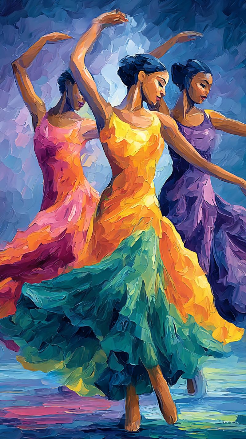 Danseuse femme coloree robe performance ballet chaussures costume studio cours Trois femmes dansent dans une peinture vibrante et colorée. La femme au centre porte une robe jaune vif avec une jupe verte, ses bras levés avec grâce. À sa gauche, une autre femme en robe rose bouge avec des mouvements fluides et élégants. À droite, une femme en robe violette danse également, son corps légèrement tourné vers la danseuse du centre. L'arrière-plan est un mélange de teintes bleues et violettes, ajoutant de la profondeur à la scène. La peinture capture l'énergie et la grâce des danseuses, avec la robe de chaque femme flottant et scintillant dans la lumière.