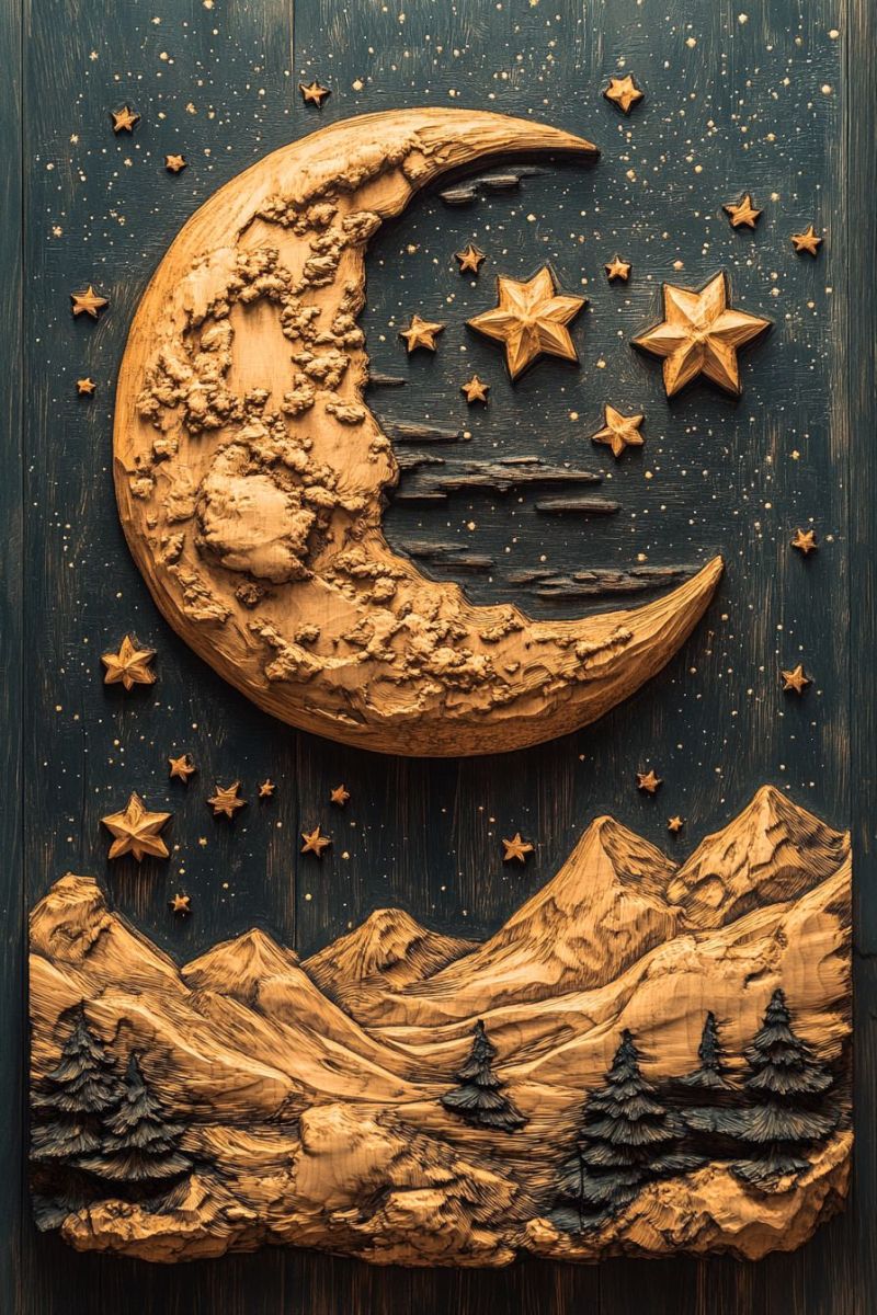 Lune tapisserie montagne croissant decoration murale ciel nocturne cadre dore design decoupe bois grave naturelle celeste forestier Un relief décoratif ou sculpture avec un thème céleste. Au centre, il y a une grande lune avec une surface détaillée montrant des montagnes et des étoiles, ce qui suggère qu'elle représente le ciel nocturne. Les petites étoiles entourant la lune sont également sculptées pour avoir des surfaces montagneuses avec des détails étoilés. Le fond de la lune et des étoiles semble être un bleu sombre, ce qui pourrait représenter l'espace. Au-dessus de la lune, il y a une représentation en relief stylisée d'une nuage ou d'une brume en forme de croissant, ce qui ajoute de la profondeur à la scène. Les montagnes sont dépeintes avec des textures variables, ce qui donne un sentiment de dimension et de profondeur aux montagnes ainsi qu'aux étoiles. Elles comportent également des motifs stellaires sur leurs surfaces, qui renforcent le thème céleste. Au bas de l'image, il y a une représentation en relief d'un paysage montagneux avec des arbres, ce qui suggère une forêt au pied des montagnes. Les textures utilisées pour ces éléments sont très détaillées, ce qui donne à les montagnes et aux arbres un aspect réaliste. Le style global du relief est décoratif et a un effet tridimensionnel en raison des ombres projetées sur la surface où il est monté. Cette oeuvre d'art serait probablement trouvée dans un lieu qui valorise des thèmes de la nature ou de l'astronomie, tel qu'une maison, une institution scolaire ou une boutique thématique.