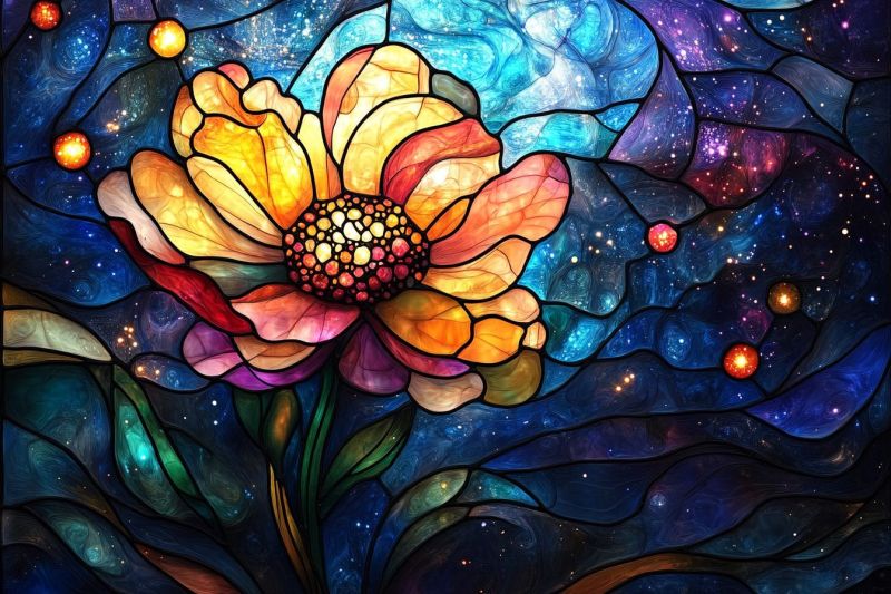 Stained glass modern window flower wall hanging colorful floral composition celestial daisy In the image, there is a vibrant stained glass window that captures a serene night sky. The centerpiece of the composition is a bright yellow flower with a brown center and red edges, giving off an impression of being illuminated from within. To the right of the flower, there are colorful stars in various hues, including blues, purples, and yellows. The stained glass itself has a dark blue background, which provides a stark contrast to the vivid colors of the window. There is no text present in the image.