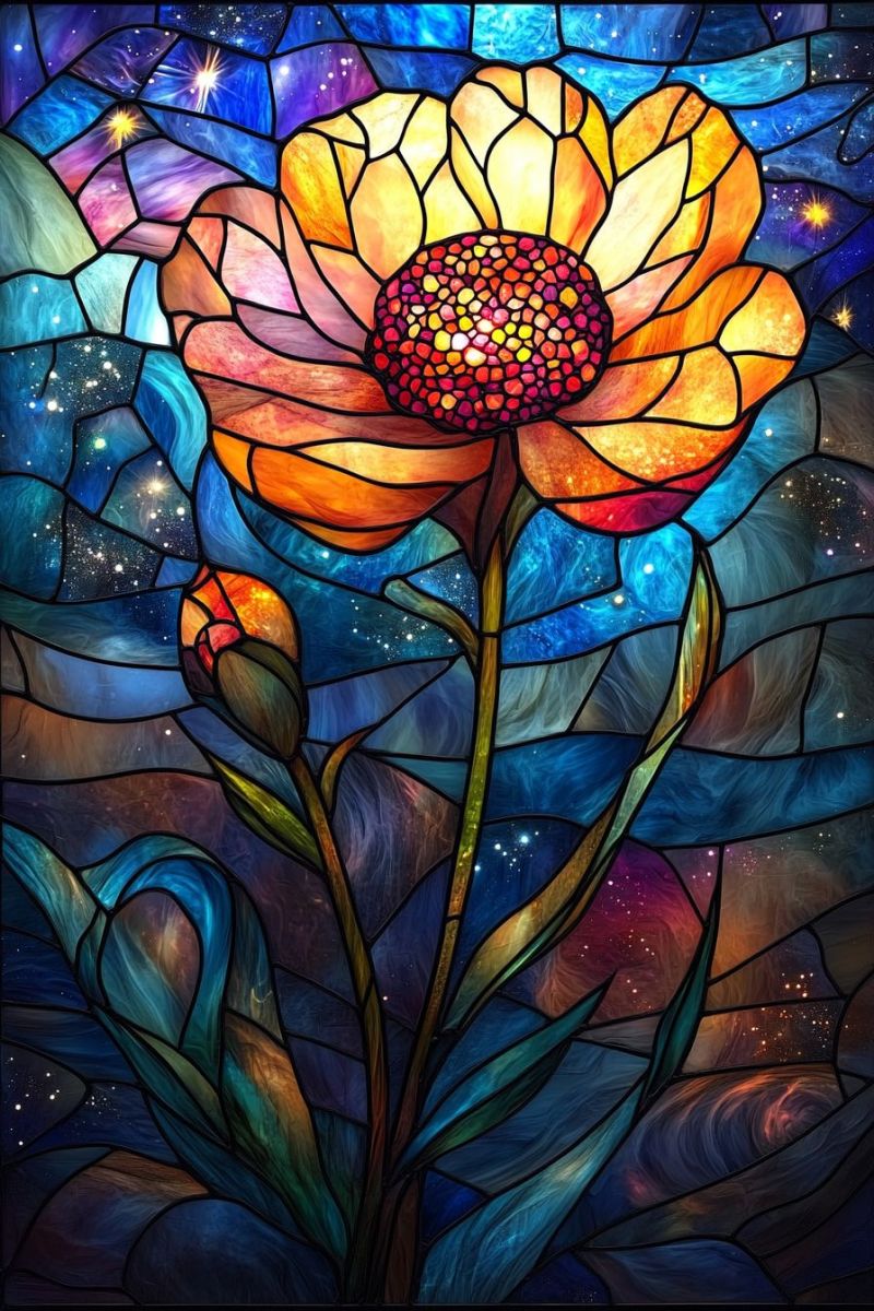 Stained glass flower painting science fiction cosmic vintage poster fantasy floral design celestial arrangement colorful vibrant stained glass panel featuring a flower with a prominent yellow center and orange and blue petals, set against a starry night sky. The flower is the focal point of the piece, with its bright colors contrasting beautifully with the darker blues and purples of the background. Surrounding the flower are smaller patterns that could be interpreted as leaves or additional floral elements. There's a sense of depth created by the layering of glass pieces in varying colors and opacities, adding to the visual interest of the artwork. The stained glass style is characterized by its intricate designs and the way light passes through it, creating a play of shadows and bright areas that give the piece an ethereal quality. The background features stars and what appears to be nebulae in the distance, enhancing the celestial theme suggested by the stained glass.