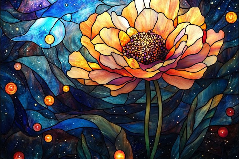 Stained glass colorful flower cosmic starry night sky floral design celestial stylistic whimsical imagery close-up of an intricate stained glass window. At the center, there is a large flower with vibrant petals in shades of orange and yellow, surrounded by blue and green elements that resemble leaves or foliage. In the background, there are small circular patterns that could be interpreted as celestial bodies, possibly stars. The colors used in the image give it an almost magical or otherworldly appearance. There is a sense of depth due to the layering of the glass, creating shadows and highlights that add to the artwork's texture and visual interest. The style of the image suggests a focus on detail and color, typical of stained glass artistry.