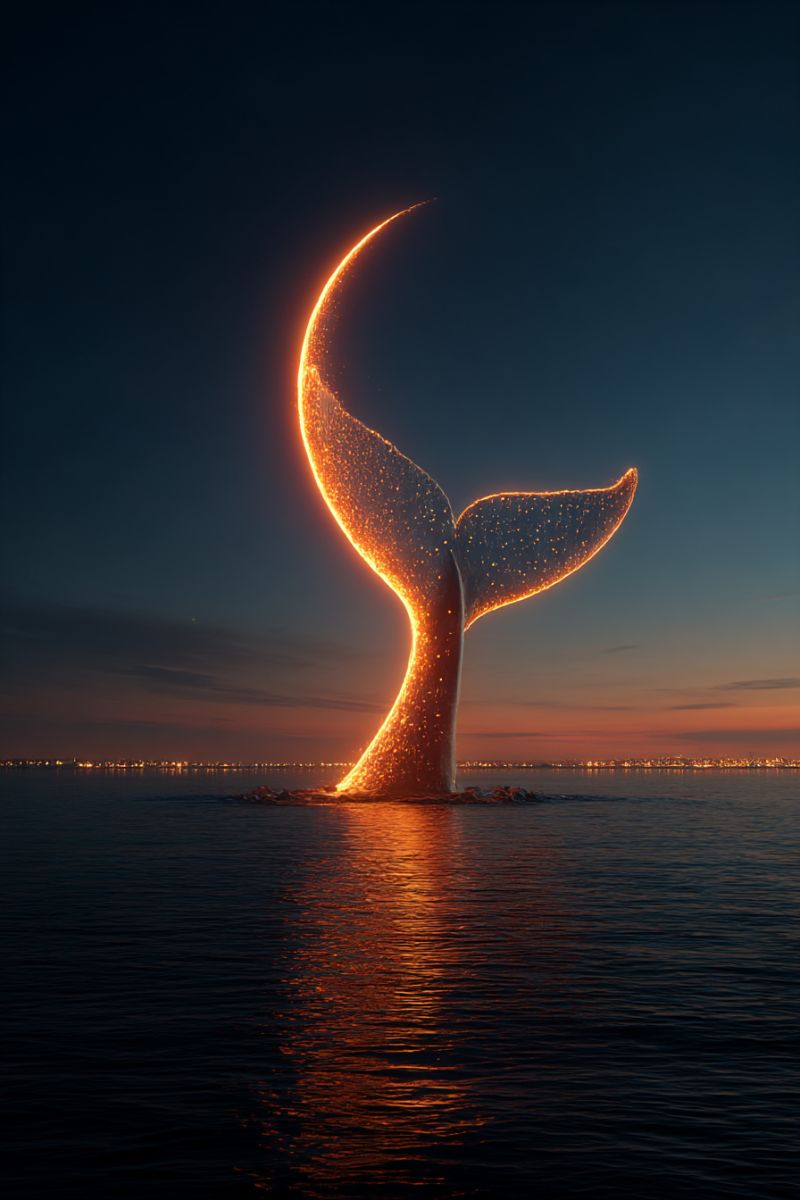 Whale tail water ocean night sky sunset reflection glow sparkle fireworks fantasy dream magic wonder beauty large, glowing whale tail rising from the water at dusk or dawn. The tail is illuminated with a warm, golden light, creating a striking contrast against the dark blue sky and the darker waters. The tail is intricately detailed, with the light casting a shimmering effect on its surface, making it appear almost ethereal. The water around the tail reflects the light, creating a rippled, glowing effect. In the distance, there are faint lights, possibly from a city or town, adding to the serene and magical atmosphere of the scene.