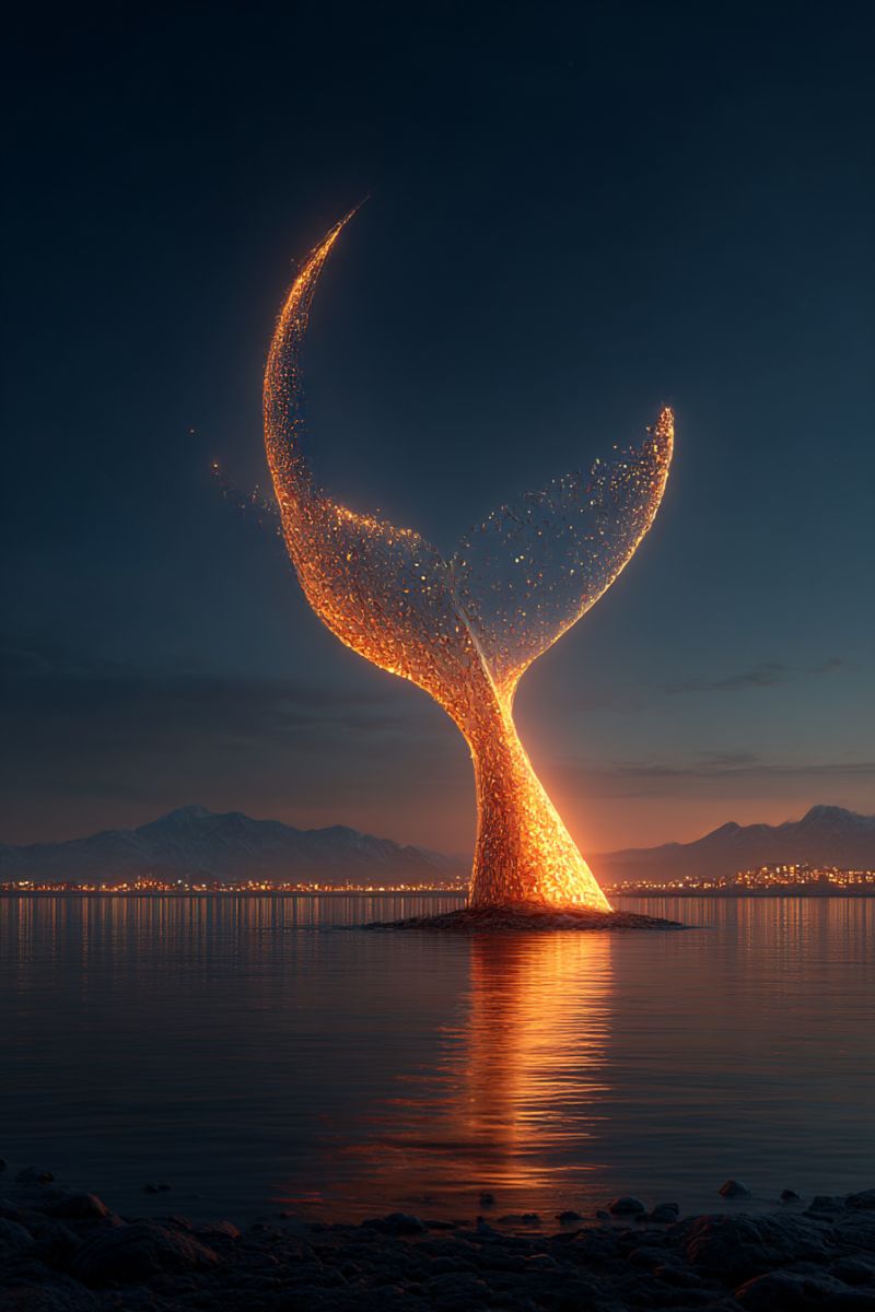 Nighttime water reflection mountains sky sculpture fireworks sparks fire glow illumination nature creativity imagination whale tail sparkling city A glowing, illuminated whale tail rises from the water, casting a warm light on the surrounding area. The tail is made up of numerous small lights, creating a shimmering effect. The tail is positioned in the center of the image, with the water reflecting the light. In the background, there are mountains and a city skyline, with lights visible in the distance. The sky is dark, with a hint of orange from the setting sun.