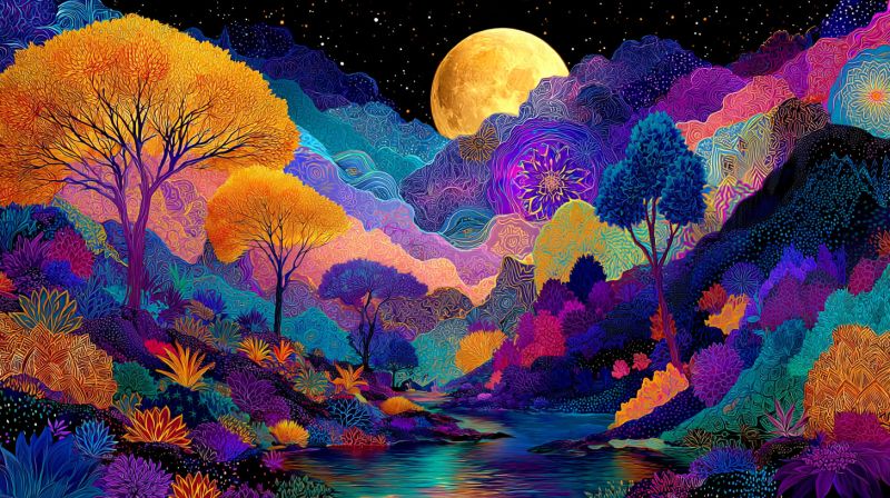 Fantaisie nature foret arbres montagnes eau lune nuit ciel etoiles fleurs plantes rochers ruisseau Paysage surréaliste sous un ciel nocturne. Une pleine lune brille intensément, projetant une douce lueur sur la scène. Le paysage est rempli d'arbres et de plantes vibrants et colorés, avec des teintes d'orange, de violet, de jaune et de vert. Les arbres ont des motifs complexes sur leurs troncs et branches. Une rivière serpente à travers le paysage, reflétant les couleurs du ciel et du feuillage. L'arrière-plan présente des collines ondulantes et des montagnes, avec un mélange de couleurs pastel et vives. L'atmosphère générale est onirique et fantastique.