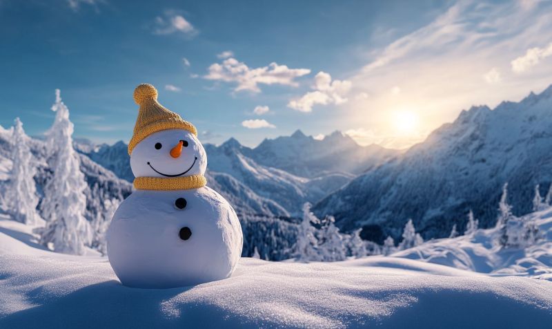 Homme neige noel souriant chapeau jaune hiver montagneux neigeuse aube panoramique environnement alpin piste ski site station sports carte annuaire Tu es un snowman animé. Tu as un visage souriant avec deux points pour les yeux et trois bâtons pour les membres, ainsi qu'un bâton pour le nez en forme de carotte. Tu portes une écharpe jaune autour du cou et as un grand sourire sur le visage. Tu te tiens au milieu d'une scène pittoresque de paysage neigeux avec des montagnes majestueuses à l'arrière-plan et un ciel bleu clair au-dessus. L'environnement suggère qu'il fait winter, comme en témoigne la neige qui recouvre le sol et les nuages blancs réfléchis sur la neige. Il n'y a pas de texte présent dans l'image pour fournir un contexte supplémentaire.
