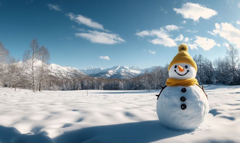 Noel ville montagneuse ciel bleu eclatant enneige atmosphere festive salutation hiver Scène d'hiver sous un ciel bleu clair. À la première plan, se trouve une grande figure de neige ressemblant à un homme. Cette figure a un visage simple et des bras, avec une bouche souriante formée par deux points. Elle est vêtue d'une tuque blanche et d'un écharpe noire, entourée d'une sonnette jaune au cou. La statue de neige se tient debout dans la neige qui recouvre le sol et monte jusqu'aux genoux. Derrière la statue, on peut voir une paysage qui comprend des montagnes recouvertes de neige, ce qui suggère un environnement à haute altitude. Il y a aussi des arbres et des buissons recouvrs de neige, ce qui indique une chute ou une période récente de neige. L'ensemble de la scène suggère une journée froide d'hiver, peut-être pendant la saison des fêtes telles que Noël, compte tenu de l'apparence traditionnelle du snowman. Cette image est probablement destinée à un contexte festif, comme pour les cartes de poste ou les décorations de Noël, en raison de son sujet joyeux et de la représentation classique du hiver.