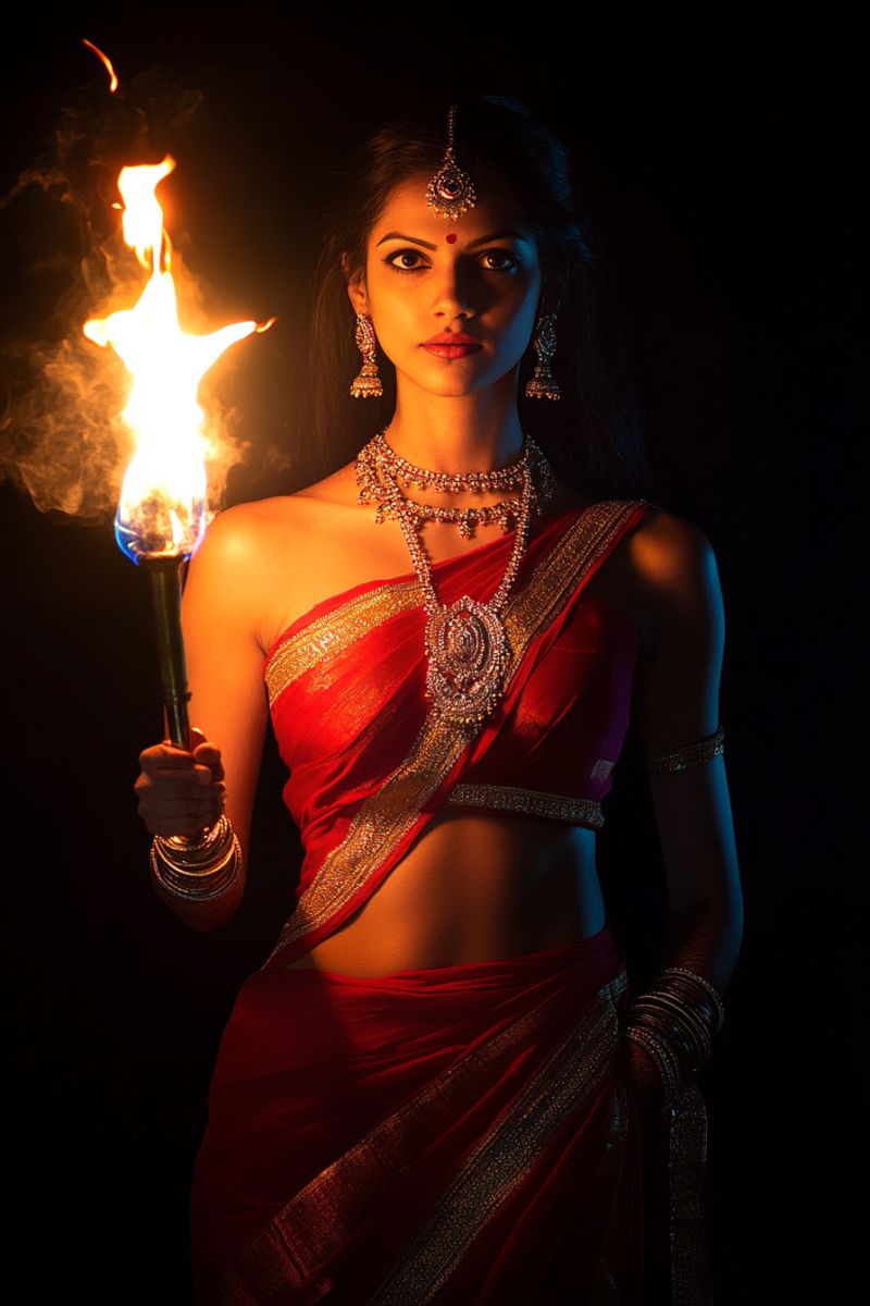 Beautiful hindu celestial holding torch in a temple beautiful hindu celestial holding torch in a temple