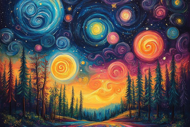 Ciel nocturne cosmique galaxiale espace colorees planete etoile galaxie tourbillonnante astronomique fantaisiste nebuleuses Ciel nocturne vibrant, peint en style impressionniste. Le ciel est rempli de nuages colorés qui tournent et de nombreuses galaxies et nébuleuses qui suggèrent une vue sur le profond espace. Au-dessous de ce spectacle céleste, des arbres sont visibles sous le vaste ciel, avec la terre qui semble être baignée par la douce lumière de la lumière du ciel. La palette est riche en tons bleus, pourpres et oranges, créant une sensation de profondeur et de vastness. L'oeuvre d'art donne l'impression de se trouver transporté dans l'espace en se tenant sur le sol d'une forêt la nuit.