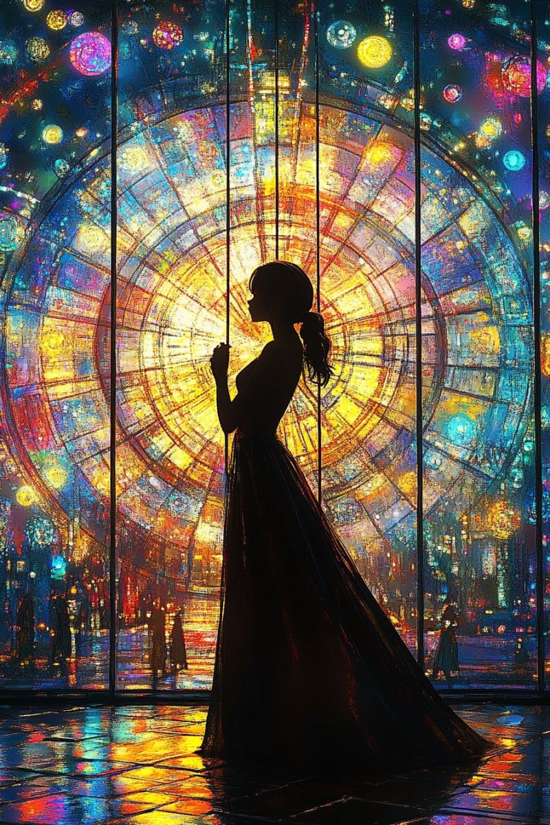 Stained glassss window circular installation colorful behind glass female silhouetted against wall opening person in a vibrant and colorful attire with large, brightly colored butterfly wings attached to their back. The individual has long blonde hair and is looking directly at the camera. They are wearing a black top or vest with intricate details that give it a bohemian or fantasy aesthetic. The background of the image suggests an outdoor setting with natural light, although there isn't enough detail to discern the exact environment.