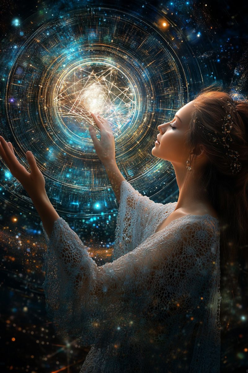 Fantaisie sci ciel stellaire espace cosmos futures figuree feminine energie magique femme vetue robe carte astrologique cosmiq Ceci est une image numérique présentant une illustration artistique. Elle représente une figure féminine avec les bras étendus, entourée de éléments cosmoliques et de symboles astrologiques. Elle semble flotter dans l'espace ou à l'intérieur d'une structure cristalline volumineuse aux motifs intriqués autour. Le personnage est orné de ce qui ressemble à les cieux stellaires ou un fond mystique qui se fond dans le plan de foreground, créant une effect de profondeur infinie. La figure tient son regard vers un orb orb brillant et éclatant au centre du sujet, ce qui pourrait être interprété comme une source d'énergie ou de pouvoir. Son regard est dirigé vers le haut envers cet objet céleste, suggérant un moment de connexion avec lui. La palette de couleurs consiste principalement en bleus et blancs, renforçant l'atmosphère éthérée et otherworldly de l'image.
