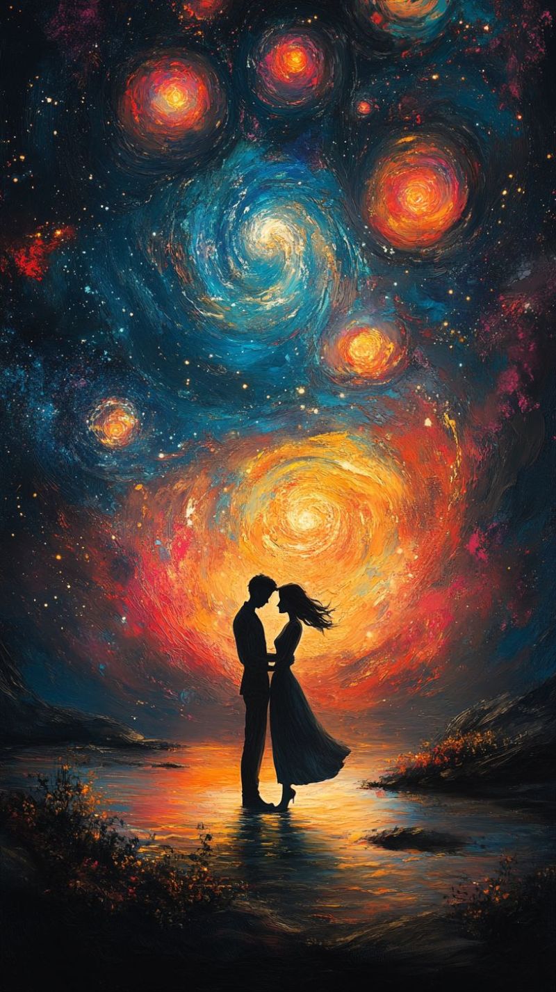 Couple sky starry night romantic astronomy astrophotography star celestial planet man woman against galaxy captivating digital artwork that portrays a romantic scene set against the backdrop of an expansive starry sky. In the foreground, there are two figures: a man and a woman. They are embracing each other closely, appearing to be in a dance or a tender moment. The man is wearing a suit, and the woman is dressed in what seems to be a light-colored dress. The background is dominated by vibrant colors, predominantly shades of blue and red. Numerous stars fill the sky, creating a sense of depth and vastness. The composition of the artwork suggests it could represent a scene from a fairy tale or an intimate moment between lovers in a dreamlike setting. The overall style of the painting is expressive and colorful, with visible brushstrokes that add to the textured and dynamic feel of the piece. The artwork does not include any text.