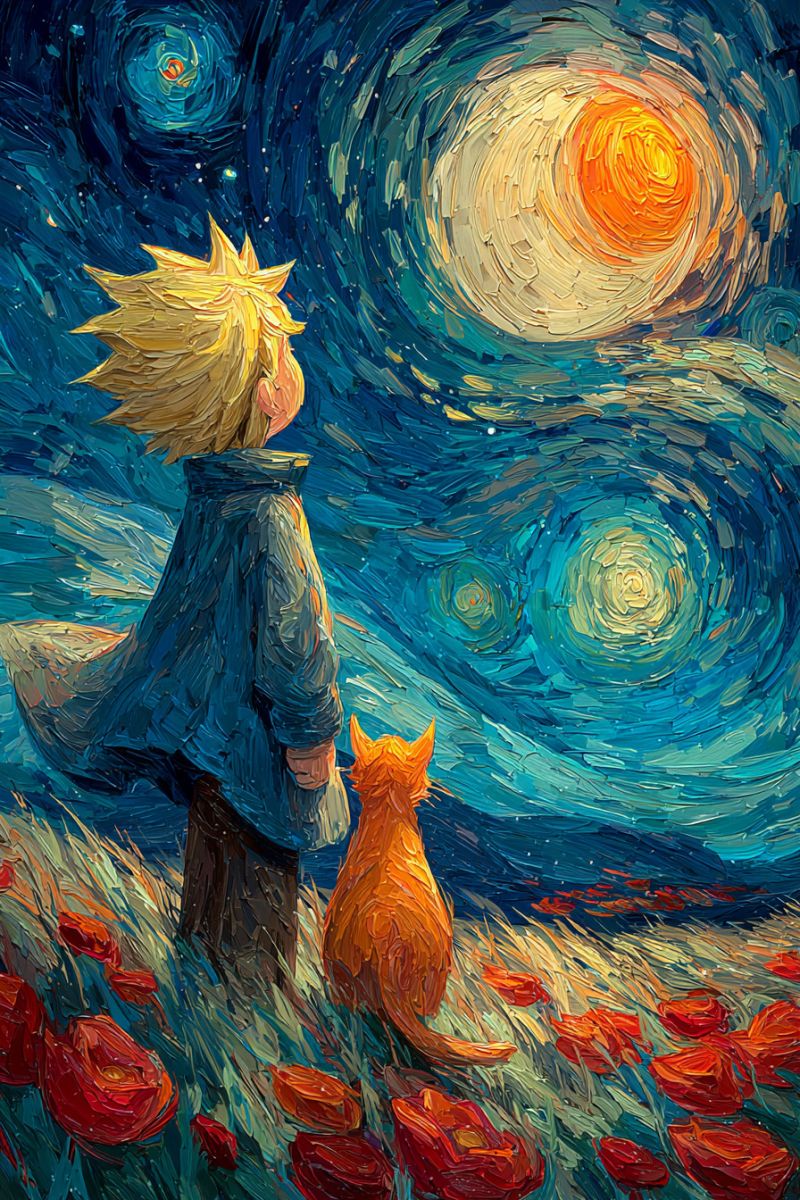 Painting impressionism star sun flowers poppy field grass cat boy child dream imagination inspiration creativity night sky starry van gogh In a vibrant painting, a young boy with golden hair stands in a field of red poppies under a starry night sky. He wears a blue jacket and pants, gazing up at the sky. Beside him, a small orange cat with a long tail looks up at him. The sky is filled with swirling blues and yellows, reminiscent of Van Gogh's 