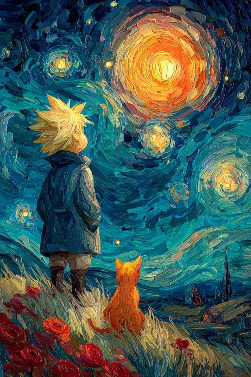 Painting anime boy cat flowers imagination fantasy dreams inspiration creativity colorful expressionism post impressionism night sky starry modern In a vibrant painting, a young boy with spiky blonde hair stands in a field of red flowers, gazing up at a starry night sky. The sky is a swirl of deep blues and yellows, reminiscent of Van Gogh's 