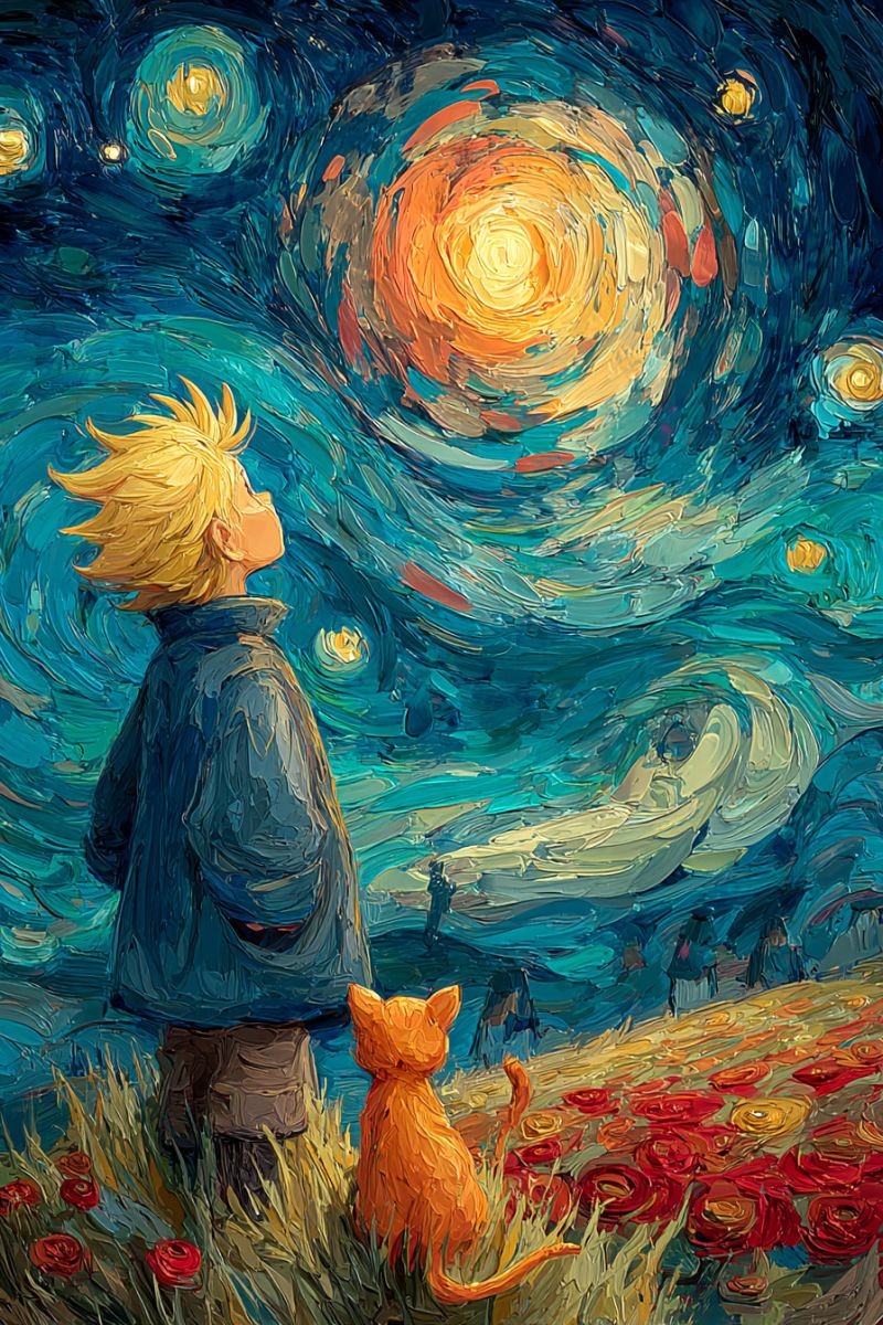 Painting impressionism boy cat flowers grass night star sun tree vincent yellow sky starry van gogh In a vibrant painting, a young boy with golden hair stands in a field of red flowers, gazing up at a swirling night sky. The sky is a deep blue with swirling patterns of yellow and orange, reminiscent of Van Gogh's 