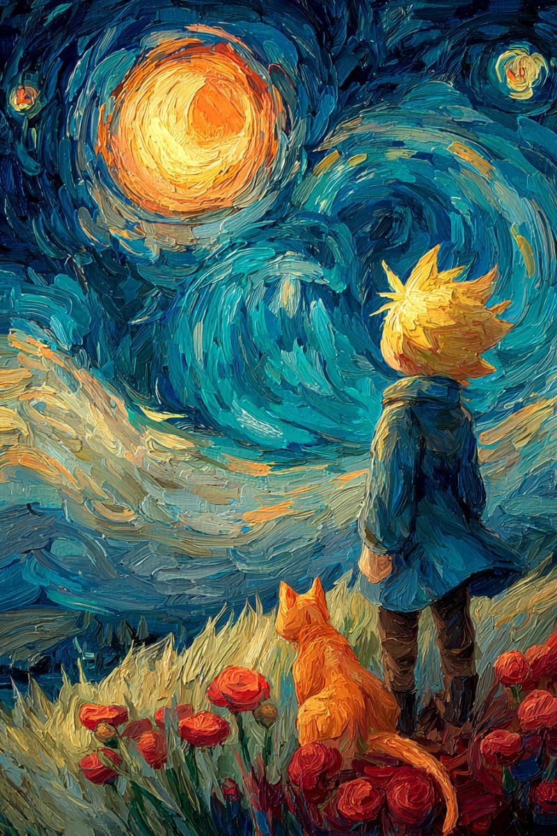 Painting night sky starry van gogh impressionism star flowers cat boy looking stars field under In a vibrant painting, a young boy with golden hair stands in a field of red flowers under a swirling night sky. He wears a blue hoodie and brown pants, gazing up at a large, glowing sun. Beside him, an orange cat sits on the ground, also looking up at the sun. The sky is a deep blue with swirling patterns, and the sun is surrounded by a halo of yellow and orange. The background features a mix of blue and yellow hues, creating a dreamy and whimsical atmosphere.