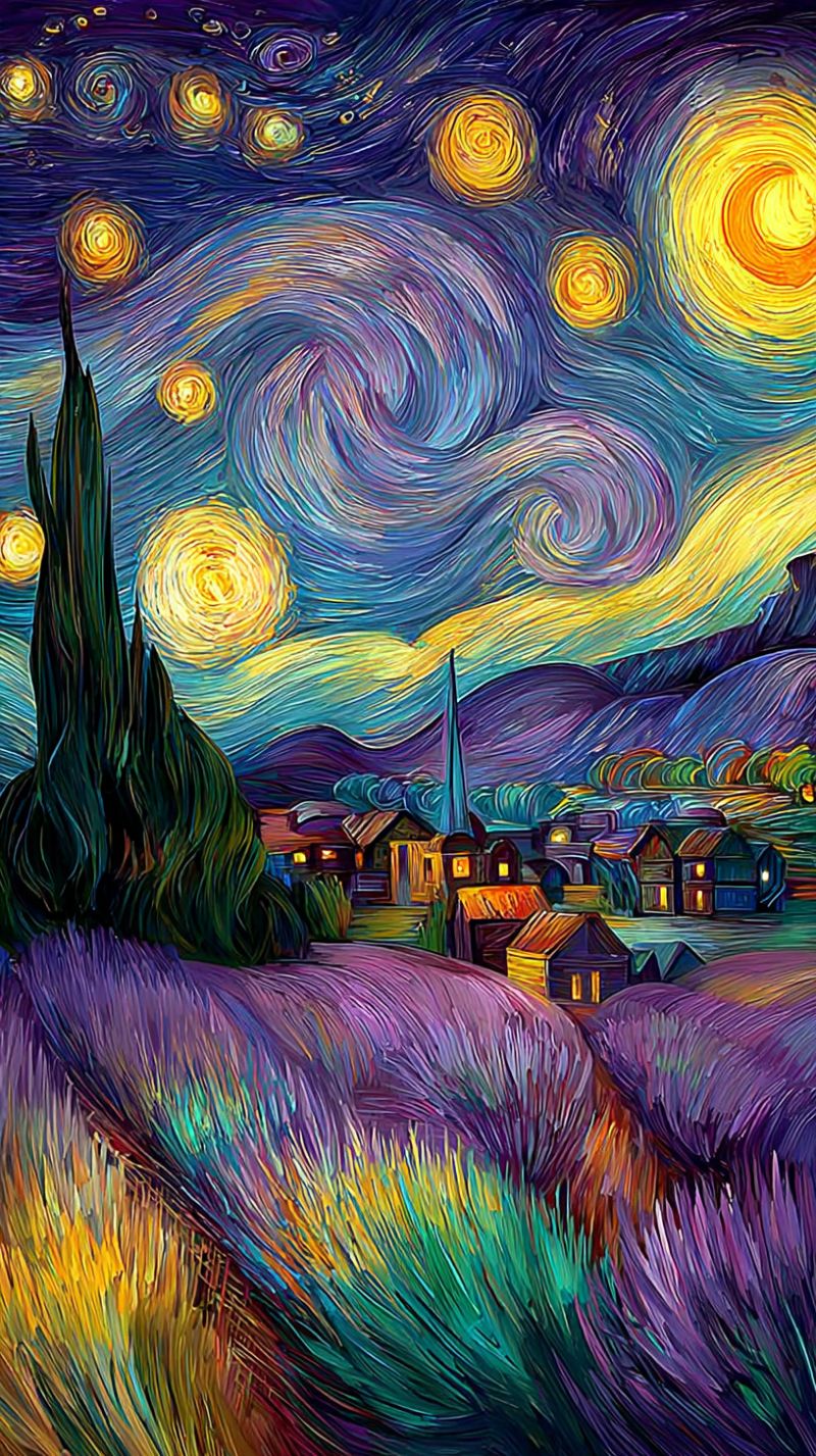 Nuit ciel village maisons arbres impressionnisme cypres tourbillons jaune bleu violet vert montagnes nuages van gogh etoile La peinture représente un ciel nocturne rempli de couleurs tourbillonnantes et vibrantes, incluant des bleus profonds, des violets et des jaunes. Plusieurs étoiles lumineuses et circulaires et un croissant de lune sont clairement visibles. Sous le ciel, un petit village est niché au milieu d'un champ de lavande, avec des maisons et un clocher d'église visibles. Le village est entouré de collines, et la scène globale est baignée dans une lumière onirique, presque surréaliste.