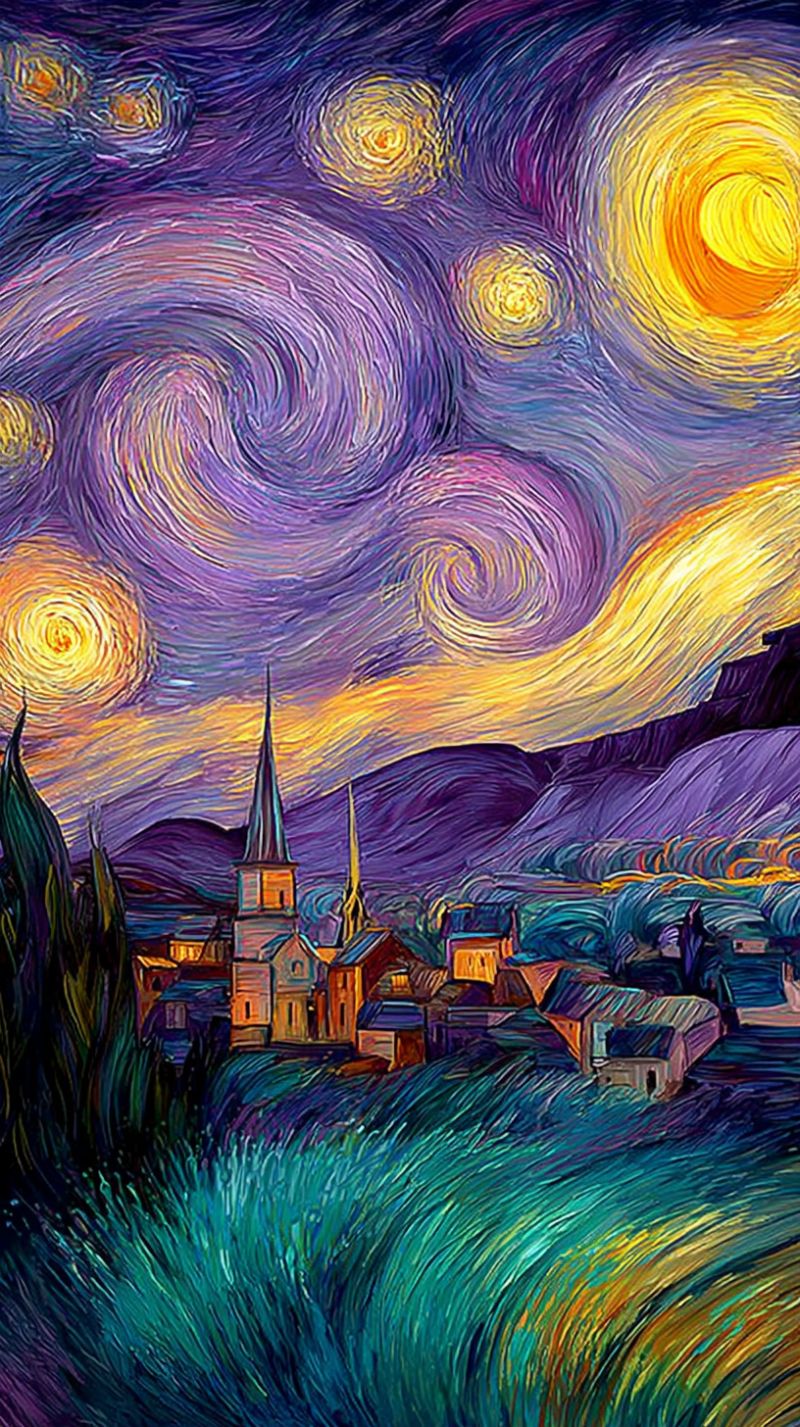 Nuit ciel village montagnes arbres maisons fleches impressionnisme dynamique texture atmosphere van gogh etoile coups pinceau La peinture représente un ciel nocturne rempli de couleurs tourbillonnantes et vibrantes de violet, bleu et jaune. Le ciel est dominé par de grandes étoiles tourbillonnantes et un soleil brillant et lumineux. Sous le ciel, une petite ville est nichée parmi des collines ondulantes, avec des bâtiments et un clocher d'église visibles. La ville est entourée d'un champ d'herbe haute et verte qui s'étend vers le premier plan. L'ambiance générale de la peinture est celle de la tranquillité et de l'émerveillement, avec les étoiles tourbillonnantes et le soleil lumineux créant un sentiment de mouvement et d'énergie.