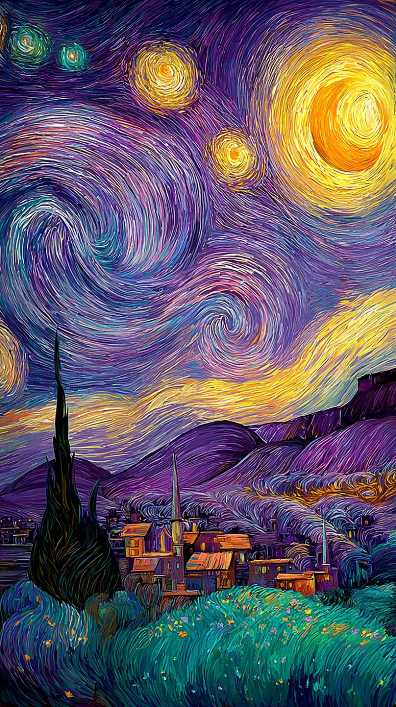 Nuit ciel village montagnes arbres maisons collines nuages soleil coucher impressionnisme impressionniste van gogh etoile La peinture représente un ciel nocturne rempli de couleurs tourbillonnantes et vibrantes de violet, bleu et jaune. Le ciel est dominé par un grand soleil jaune vif avec des lignes rayonnantes, entouré de plus petits cercles tourbillonnants jaunes et verts. En dessous du ciel, un paysage se déploie avec un village niché parmi des collines ondulantes. Le village est composé de plusieurs petits bâtiments colorés avec des toits en pente, dont certains ont des cheminées. Au premier plan, il y a un grand arbre sombre avec un tronc tordu, et le sol est recouvert d'herbe verte luxuriante parsemée de fleurs jaunes et blanches. La scène globale est dynamique et pleine de mouvement, avec le ciel qui semble tourbillonner et danser.