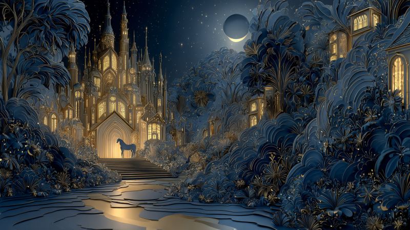 Castle night moon horse fantasy architecture trees plants buildings pathway stairs water reflection sky stars glow magic enchanted dreamlike In the center of the image, a majestic castle stands illuminated against a dark, starry night sky. The castle features tall, pointed towers and spires, with golden lights glowing from its windows, casting a warm, inviting glow. A horse stands in the archway of the castle, its silhouette visible against the light. The castle is surrounded by a lush, dense forest, with trees and plants that appear to be made of paper, giving the scene a whimsical, fairy-tale quality. The sky is a deep blue, with a large, glowing moon and a few stars visible. The overall effect is one of enchantment and wonder, as if the castle and its surroundings are part of a magical, otherworldly realm.