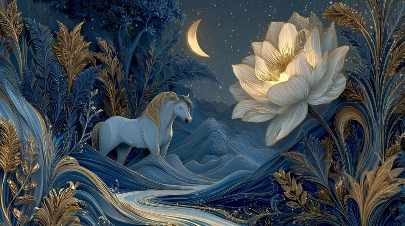 Fantaisie licorne nuit lune fleur foret eau montagne magie reve nature dore bleu Au centre de l'image, il y a une grande fleur de lotus blanche lumineuse avec des accents dorés. À gauche de la fleur, il y a une licorne blanche avec une crinière et une queue dorées, debout sur une colline herbeuse. L'arrière-plan est d'un bleu profond, avec des feuilles dorées et des branches d'un arbre. Le ciel est bleu foncé, avec un croissant de lune et des étoiles. La scène globale est magique et sereine, avec un sentiment de tranquillité et d'émerveillement.