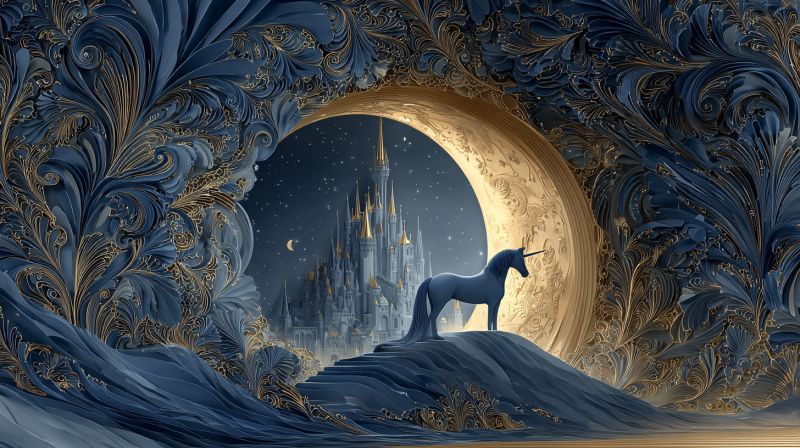 Unicorn castle fantasy night moon sky stars architecture magical mythical whimsical enchanting dreamlike golden blue In the center of the image, a majestic white unicorn stands on a hill, its horn glowing softly. Behind it, a grand castle with golden spires and a crescent moon in the sky is visible through an arched opening. The background features intricate blue and gold patterns that resemble a swirling, ornate tapestry. The scene is bathed in a soft, magical light, creating a dreamy and enchanting atmosphere.