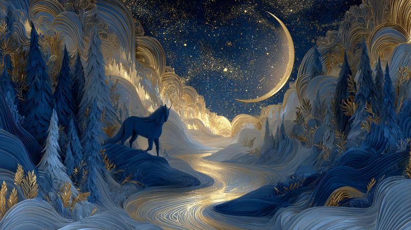Nuit ciel lune foret arbres eau ruisseau montagnes etoiles nature faune loup animal fantaisie onirique Un majestueux cheval noir se tient sur un affleurement rocheux dans un paysage serein et enneigé. Le cheval regarde vers la droite, sa crinière flottant gracieusement. L'arrière-plan présente une forêt dense d'arbres persistants, leurs branches saupoudrées de neige. Le ciel est d'un bleu profond, orné d'un grand croissant de lune lumineux et de quelques étoiles éparses. La lumière de la lune projette une douce lueur sur la scène, mettant en valeur les détails complexes du sol couvert de neige et les reflets dorés sur les arbres. L'atmosphère générale est tranquille et mystique, avec un sentiment de beauté silencieuse.