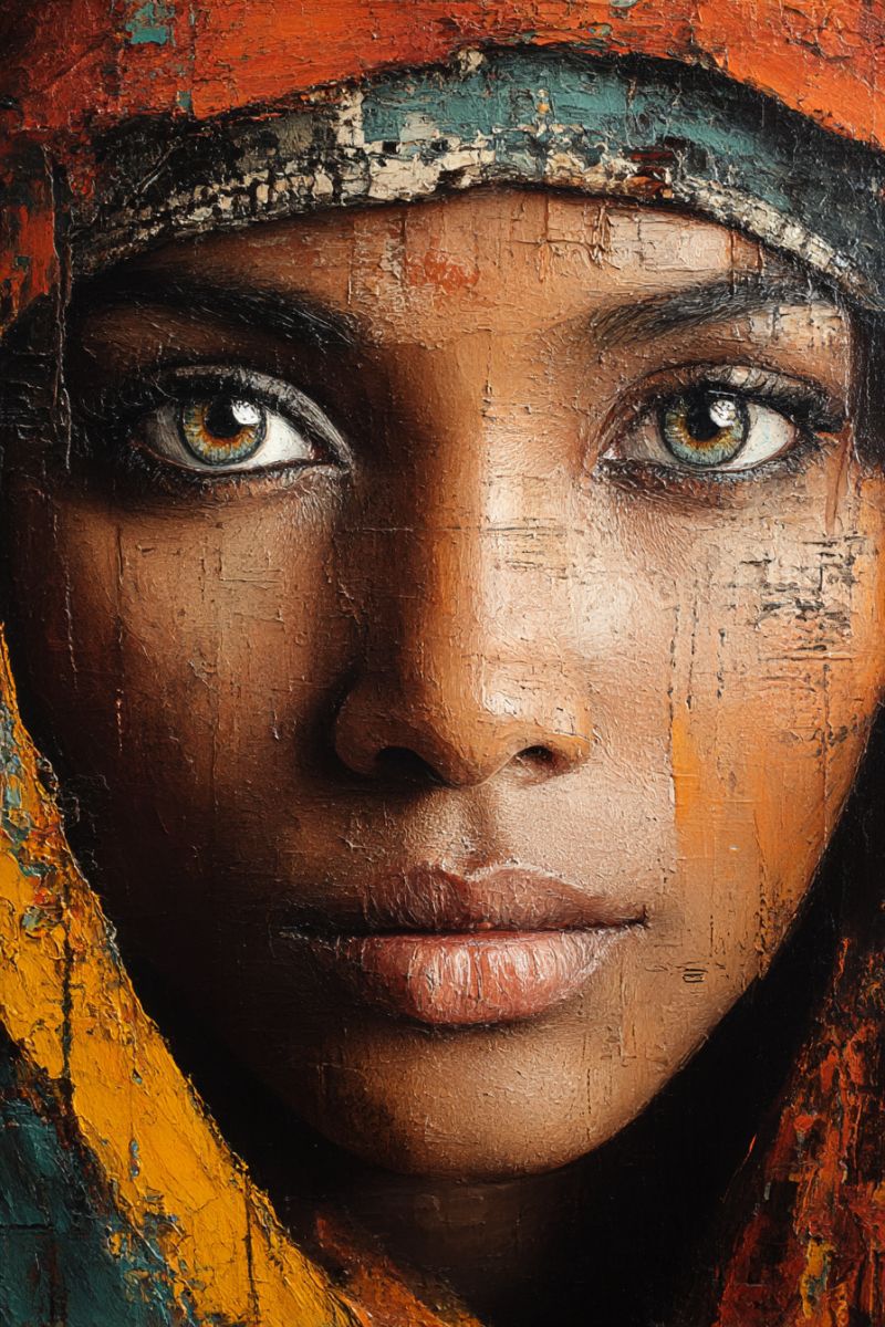 Woman painting artist artists ideas designs patterns techniques tutorials supplies tools products equipment accessories close-up portrait of a woman's face. She has striking green eyes with a hint of brown around the irises, and her eyebrows are thick and arched. Her skin is painted with a textured, almost abstract style, using warm browns, yellows, and reds. The woman's lips are painted with a soft pink color, and her cheeks have a slight flush. She is wearing a headscarf that is painted in a mix of red, blue, and green, with some areas appearing worn or distressed. The background is a mix of dark and light colors, with some areas appearing more abstract and others more defined.