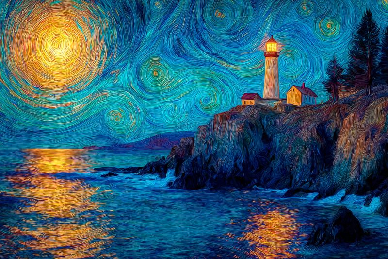 Lighthouse night painting sea trees house reflection sunset ocean cliff mountain sky water starry rocky shore The painting depicts a serene coastal scene at night. A lighthouse stands tall on a rocky cliff, its light beaming brightly against the dark sky. The sky is a deep blue, adorned with swirling patterns of stars and a radiant sun in the distance. The water below is a deep blue, reflecting the light from the lighthouse and the sun. The cliff is rugged, with trees and a small house nearby. The overall mood is calm and peaceful.